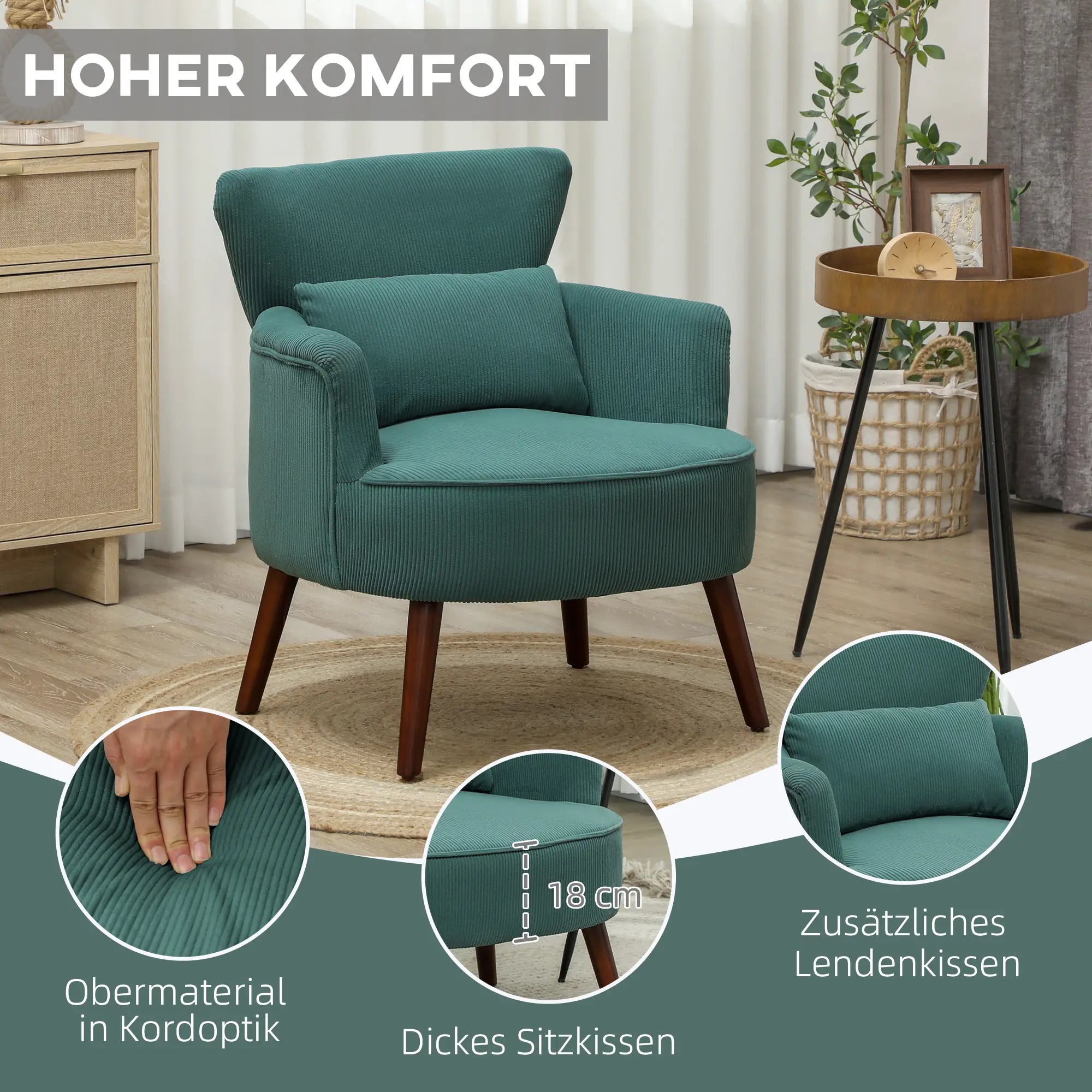 HOMCOM Polstersessel Wohnzimmer weich & federnd Flügelrücken Dunkelgrün
