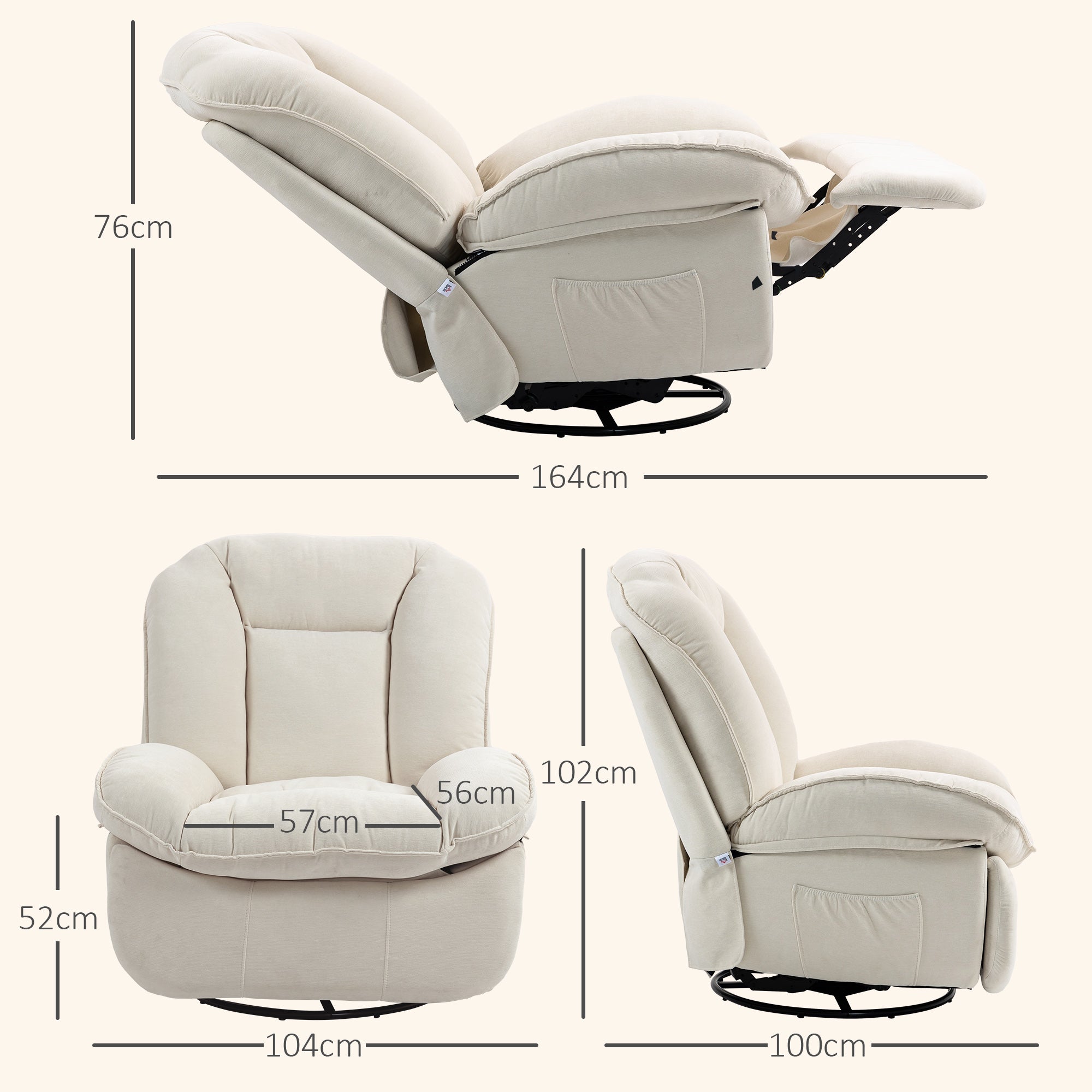 HOMCOM Relaxsessel, verstellbar, 104x100x102cm/164x76cm, Cremeweiß