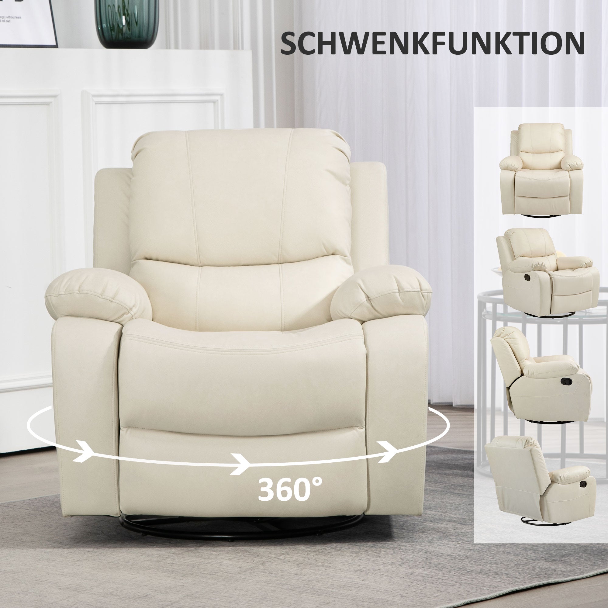 HOMCOM Relaxsessel, verstellbare Lehne & Fußstütze, drehbar, bis 150 kg, Stahlrahmen, 93x100x98cm, Cremeweiß