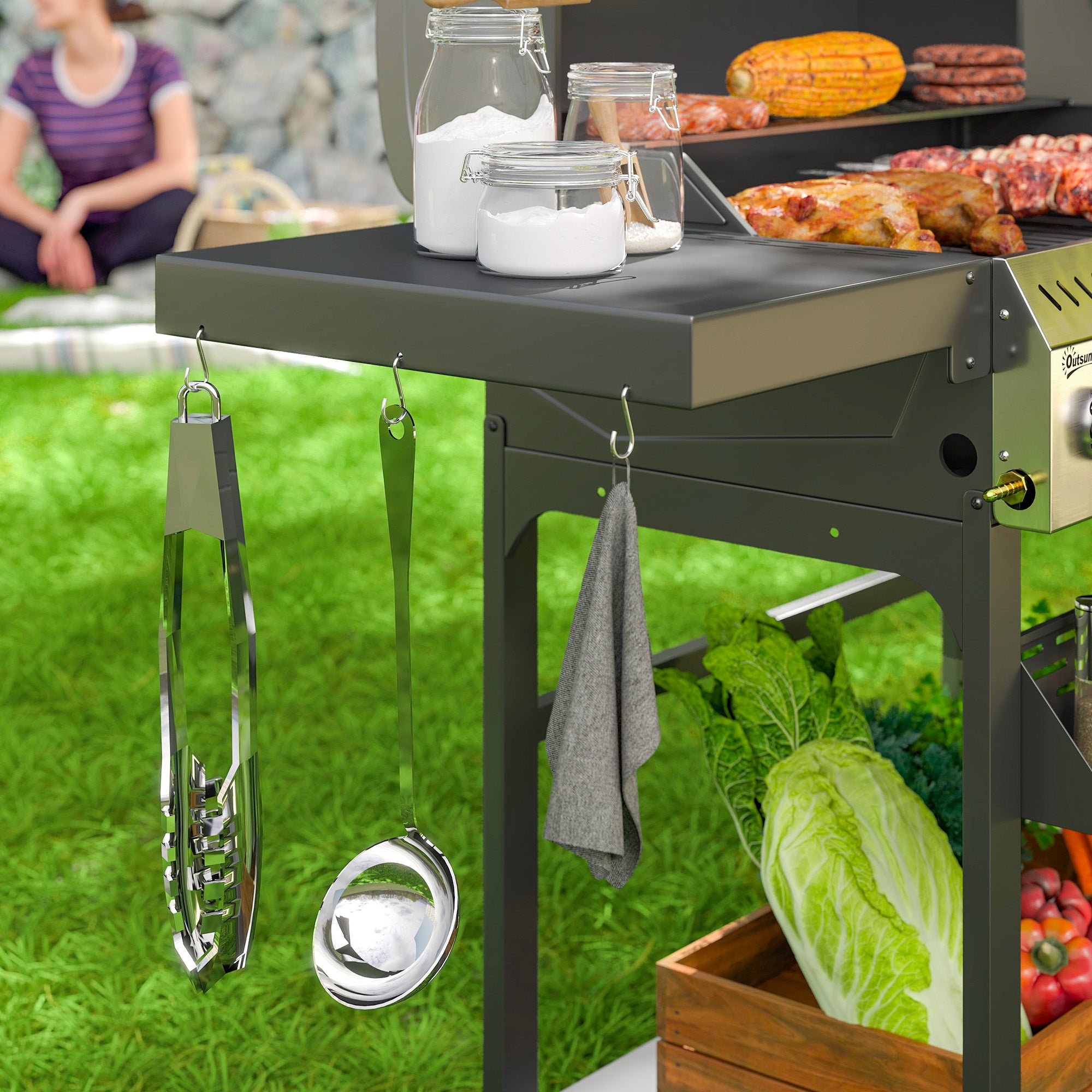 Outsunny Gasgrill, BBQ-Grill, 4 Hauptbrenner, 1 Seitenkocher, 1 Warmhalteplatte; 135 x 55 x 103 cm, Schwarz