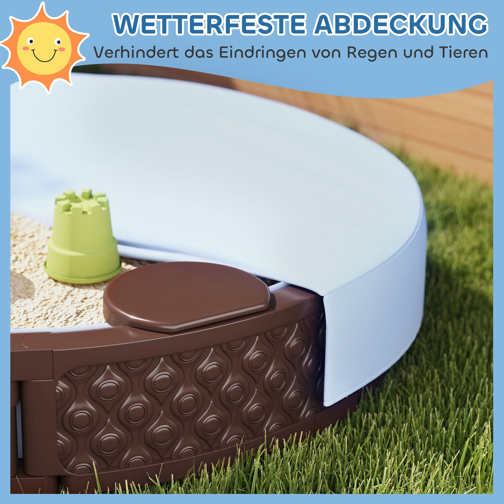 AIYAPLAY Sandkasten, Runde Sandkiste für bis zu 3 Kinder, mit 3 Sitzen, wasserfeste Unterlage, Schutzplane, 300 kg Sand