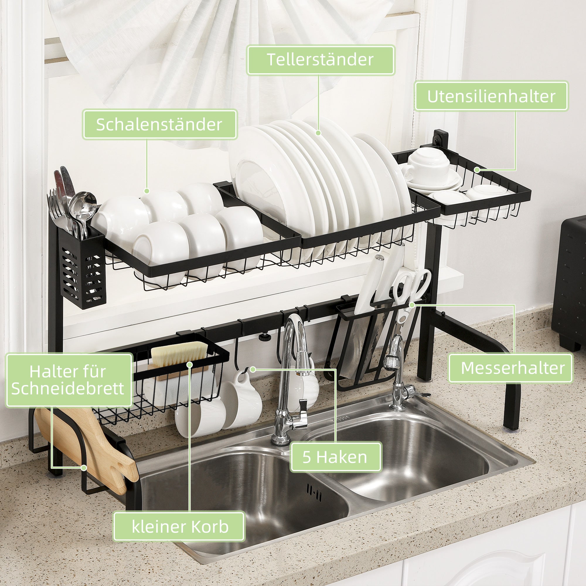 HOMCOM Abtropfgestell, längenverstellbar 51-93 cm, viele Elemente, flexible Anordnung, 93 x 30 x 52cm, schwarz