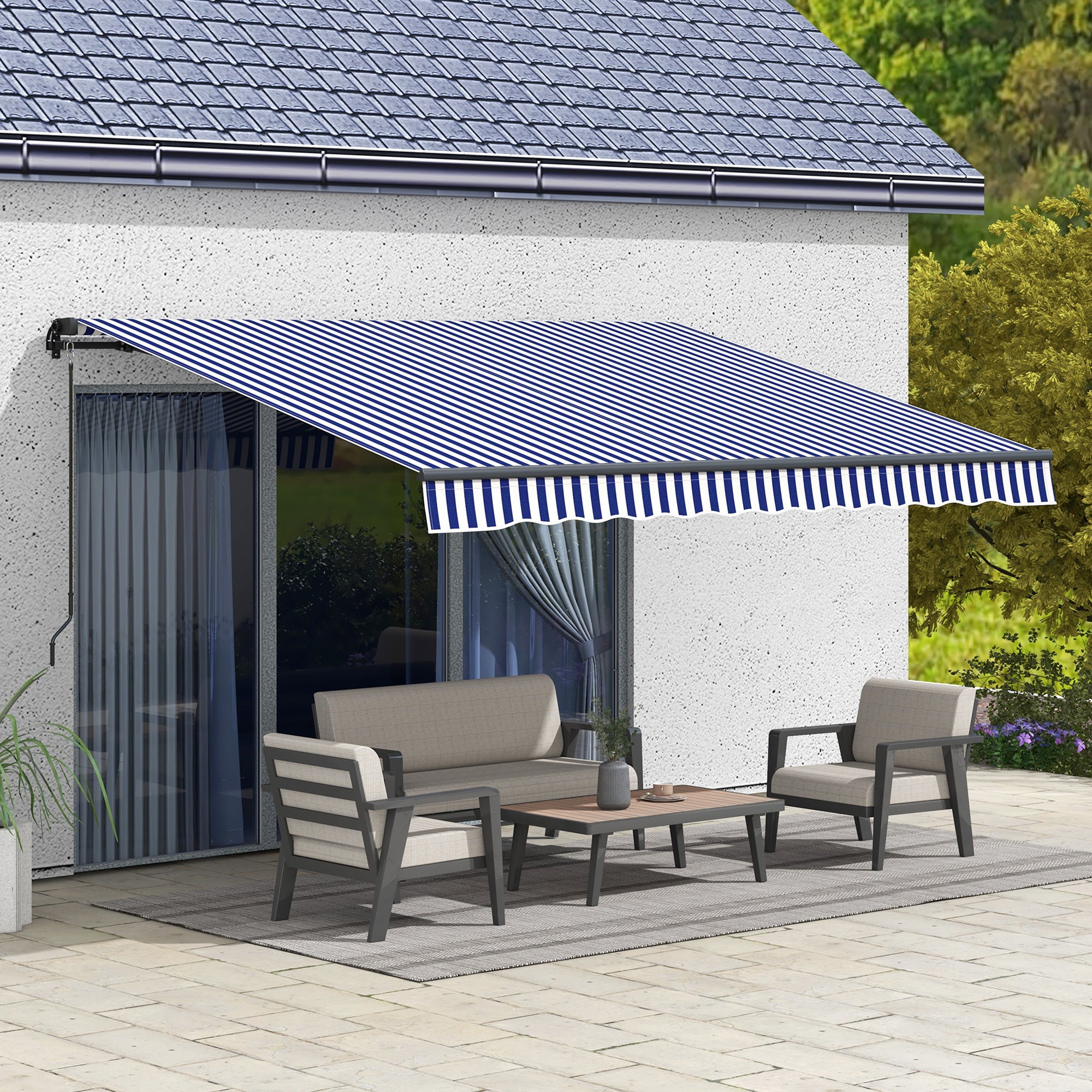Outsunny Sonnenmarkise Markise Terrassenmarkise, inkl. Handkurbel, wetterbeständig, 350 cm x 290 cm, Blau + Weiß
