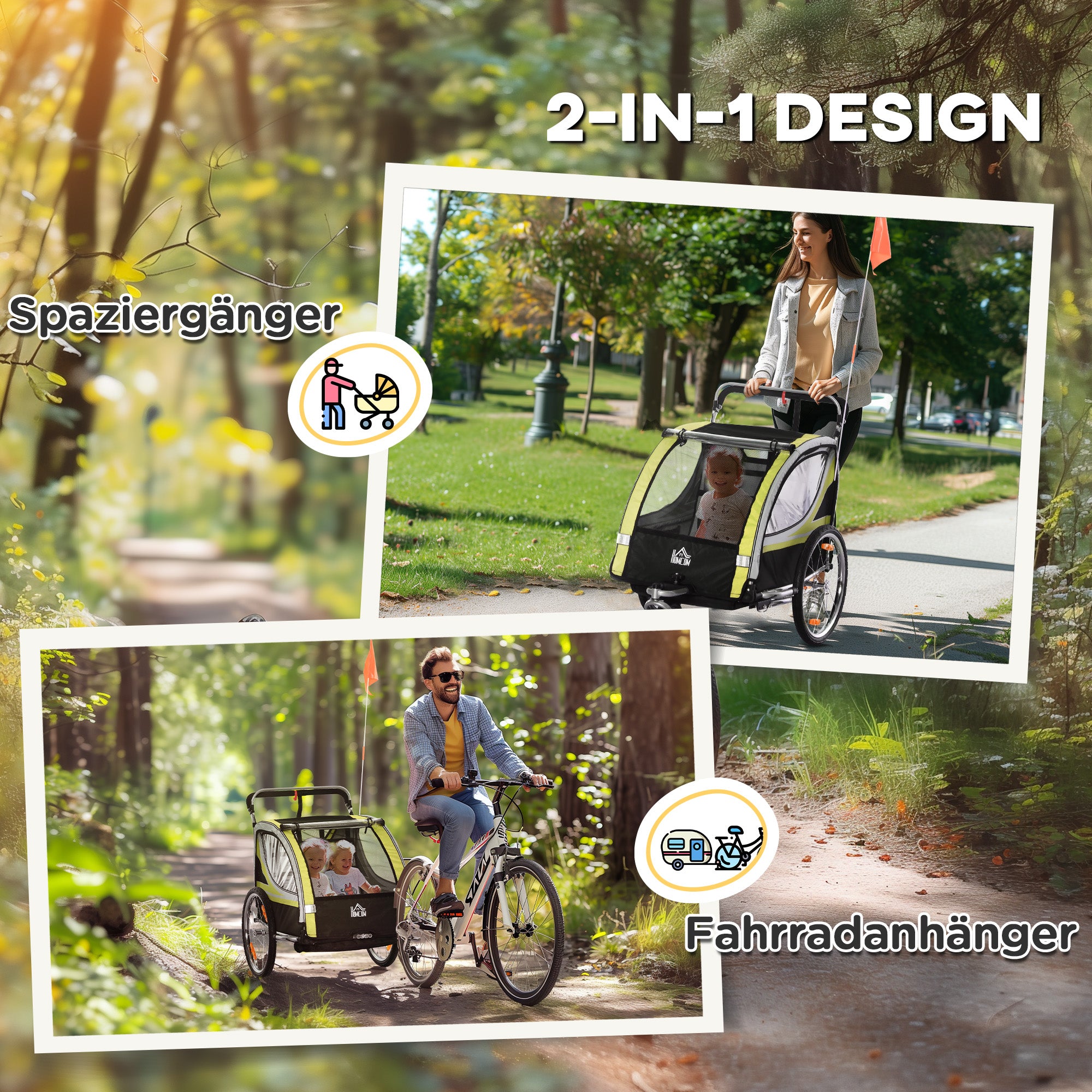 HOMCOM 2-in-1 Fahrradanhänger für 2 Kinder, Schiebefunktion, Regenschutz, Bremse, Gelb
