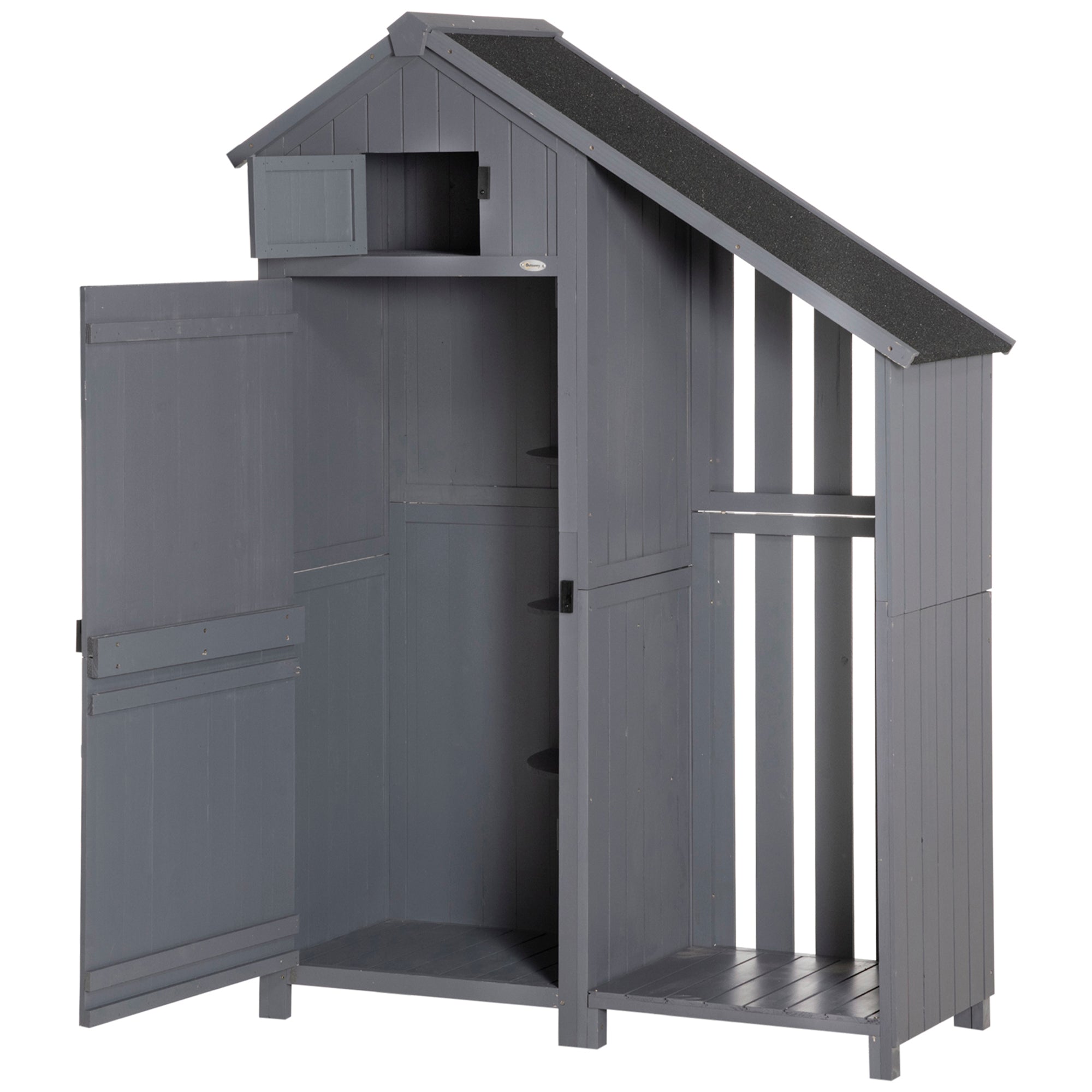 Outsunny Gartenschrank, offenes Brennholzfach, verriegelbare Tür, wetterfest, Naturholz, 129 x 51,5 x 180cm, grau+schwarz