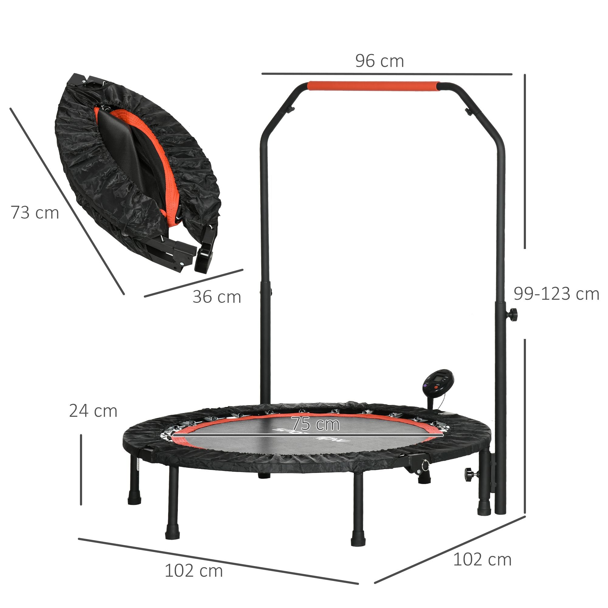 SPORTNOW Mini-Trampolin, mit höhenverstellbarem Haltegriff, LCD-Monitor, Stahl, schwarz+rot, Ø102 x 99-123cm