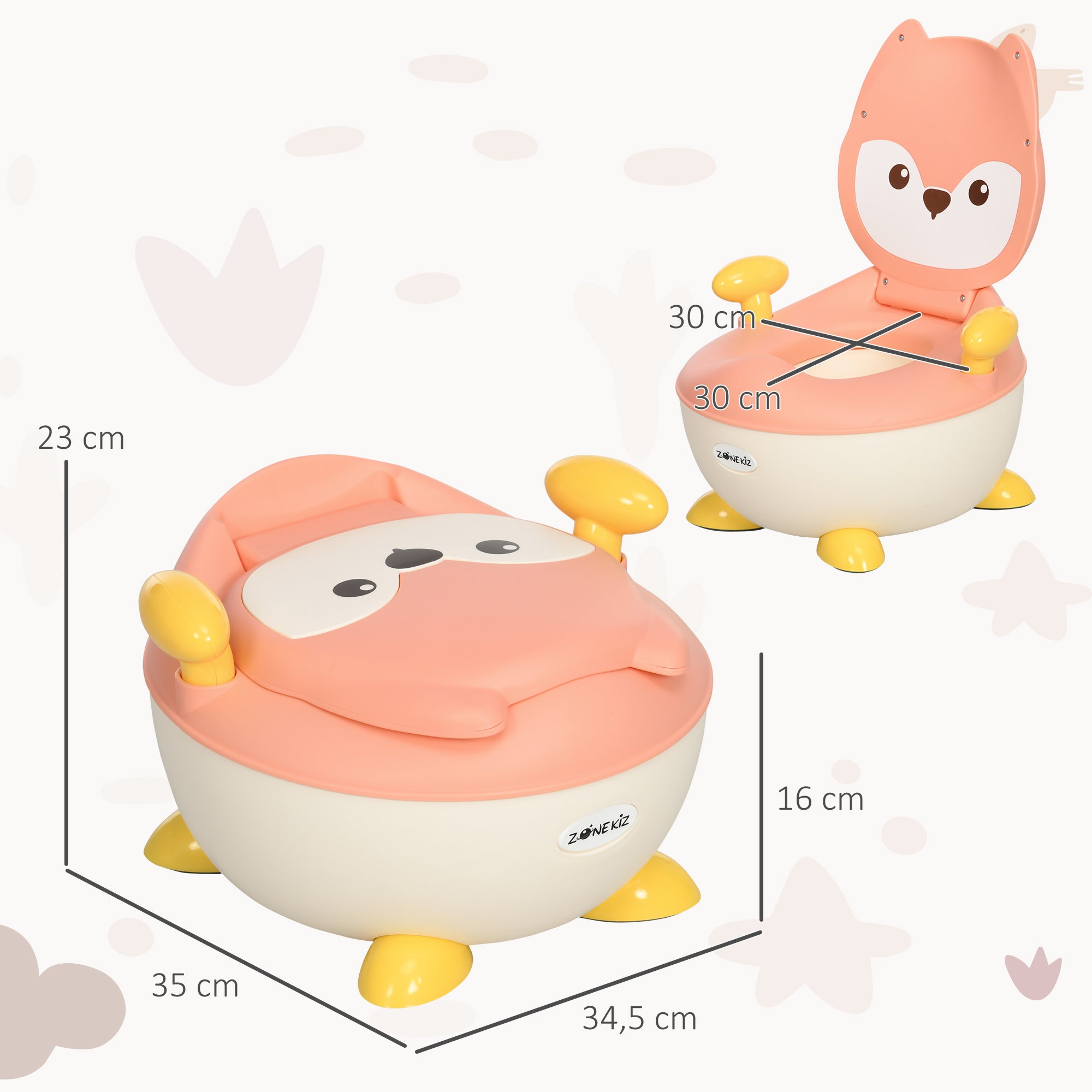 ZONEKIZ Töpfchen für Kinder 0,5 bis 3 Jahre, rutschfest, Innentopf, Spritzschutz, Fuchs-Design, 34,5 x 35 x 23 cm