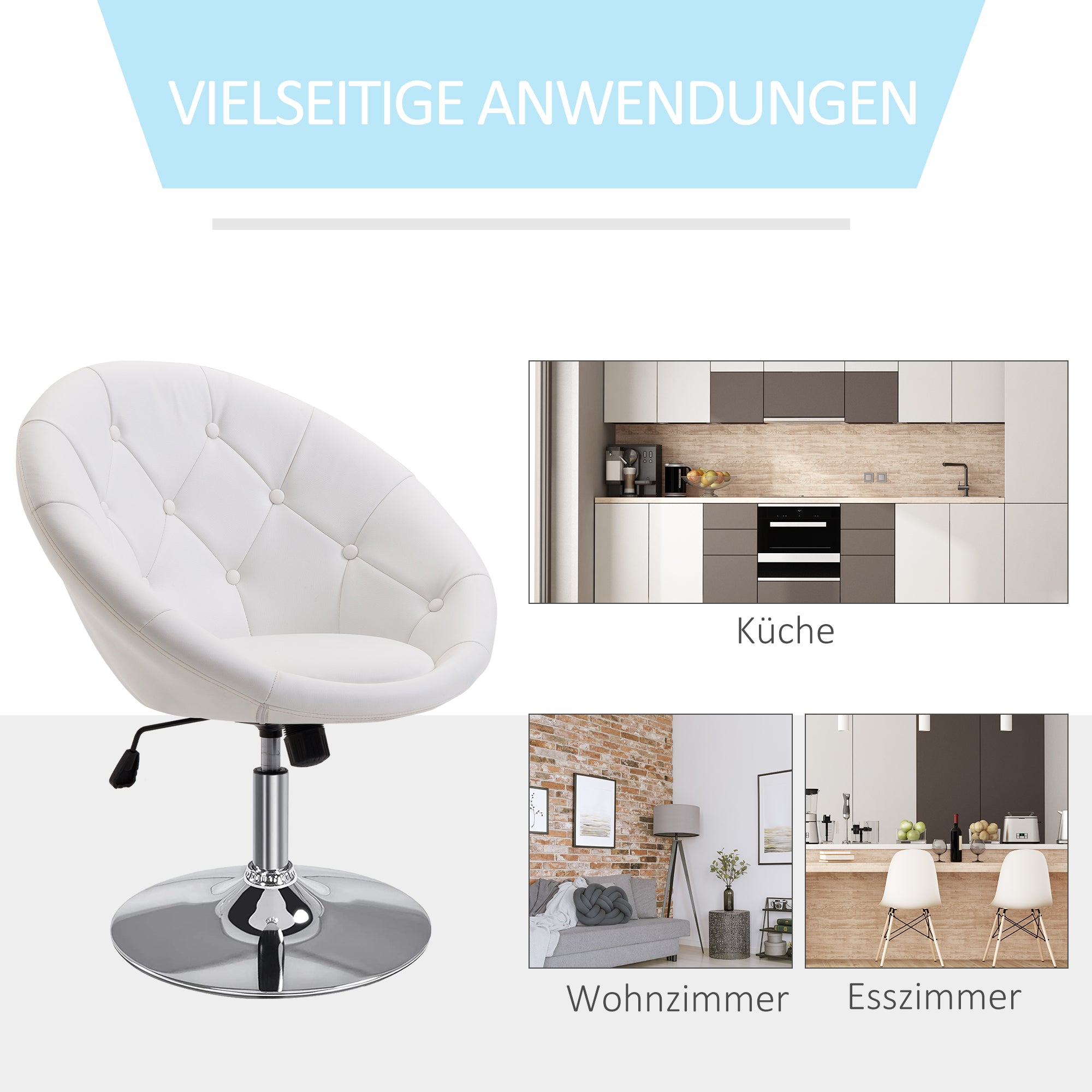 HOMCOM Arbeitshocker Drehhocker Drehstuhl Bürostuhl verchromt höhenverstellbar, Kunstleder+Stahl, Schwarz/Weiß, 71x59x78-90cm (Weiß)