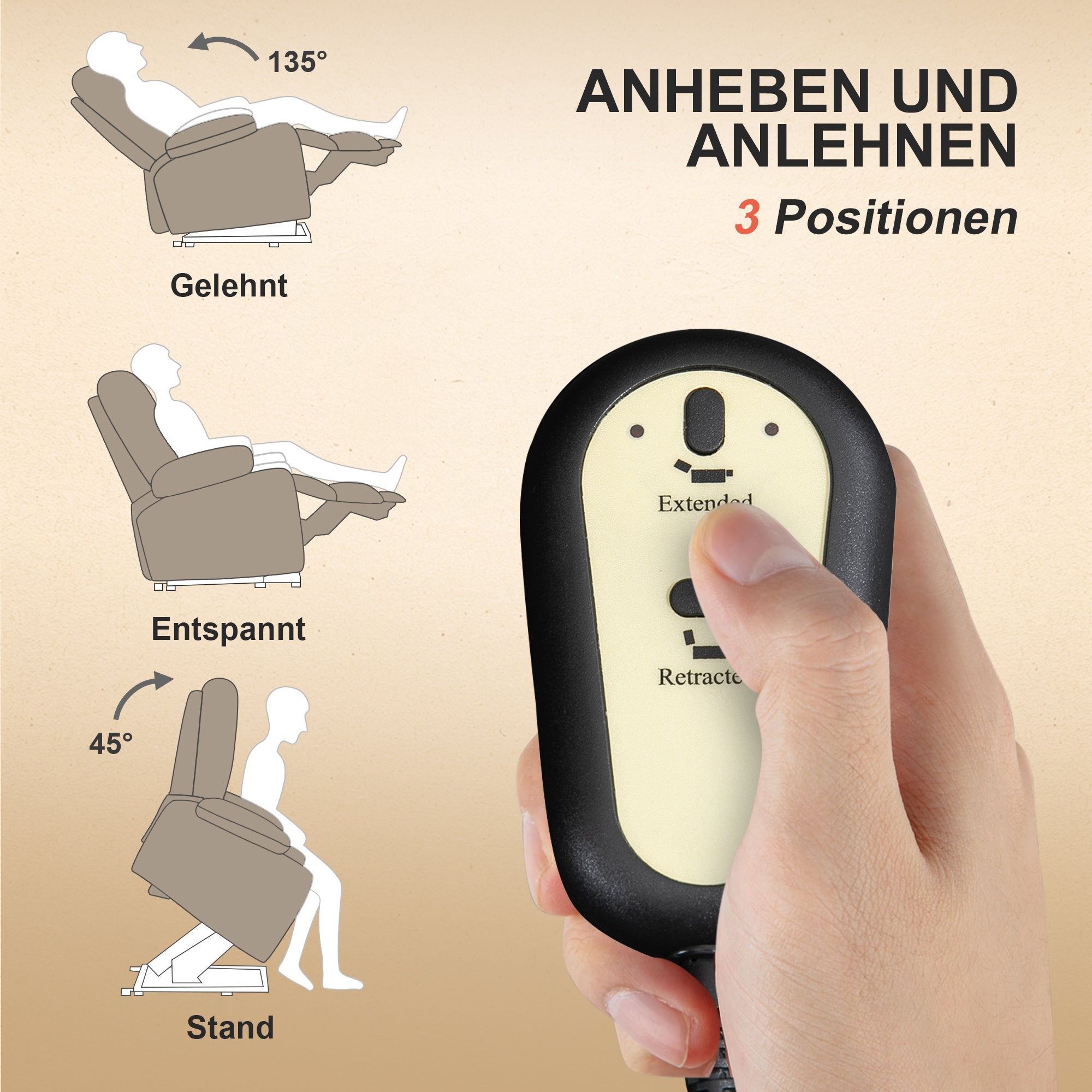 HOMCOM Powerlift-Sessel, Massagesessel mit Wärmefunktion, Polstersessel mit Fußstütze, Seitentasche, Stoffbezug, Beige
