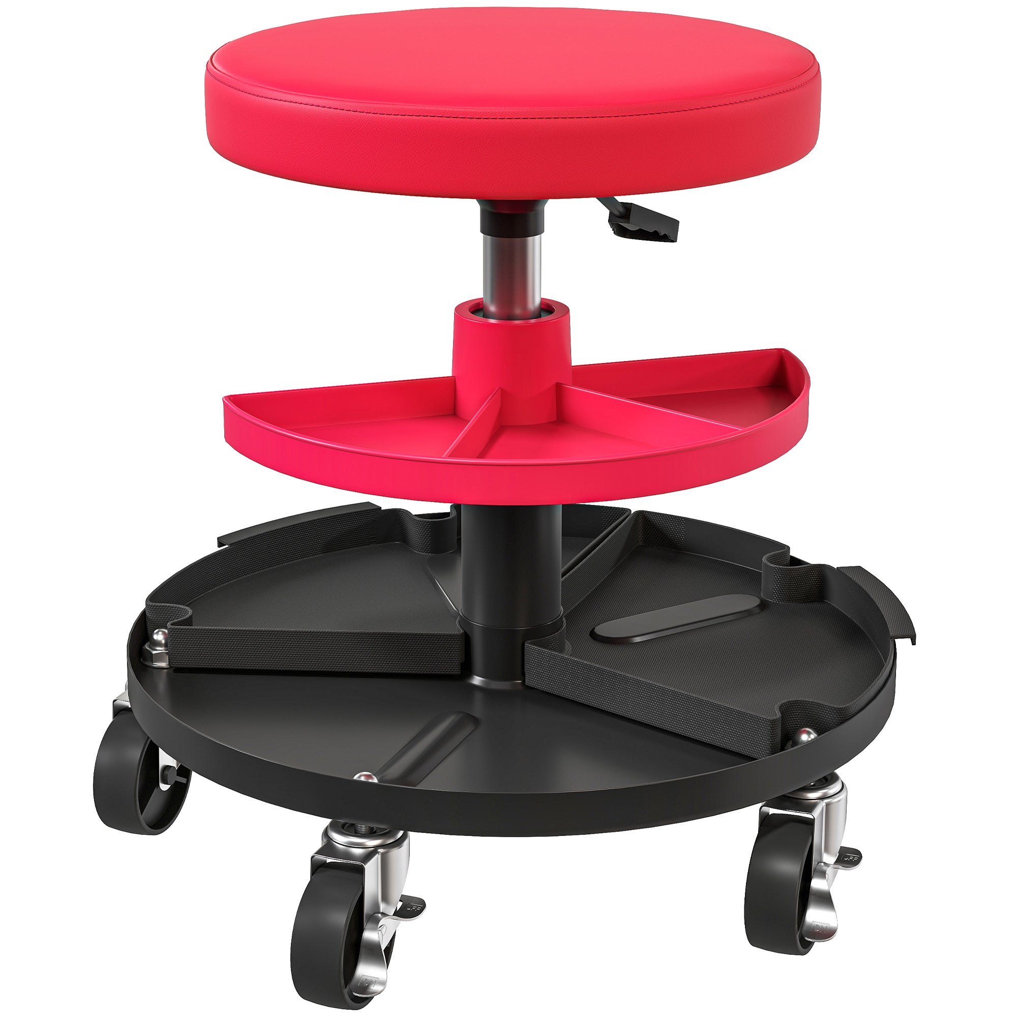HOMCOM Werkstatthocker mit Rollen Tabletts höhenverstellbar 40-51cm Rollhocker bis 135 kg belastbar Rot