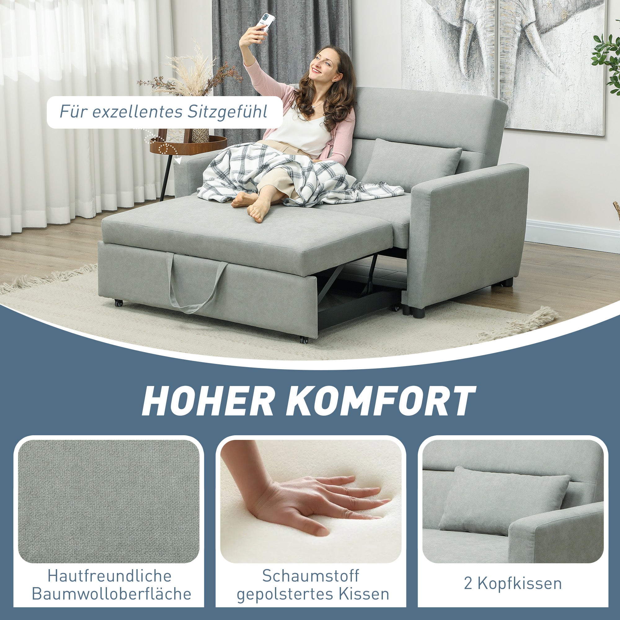 HOMCOM 2-Sitzer Sofa mit Bettfunktion, Verstellbarer Rückenlehne, Polstersofa, Samtoptik, für Wohnzimmer, Schlafzimmer, Hellgrau