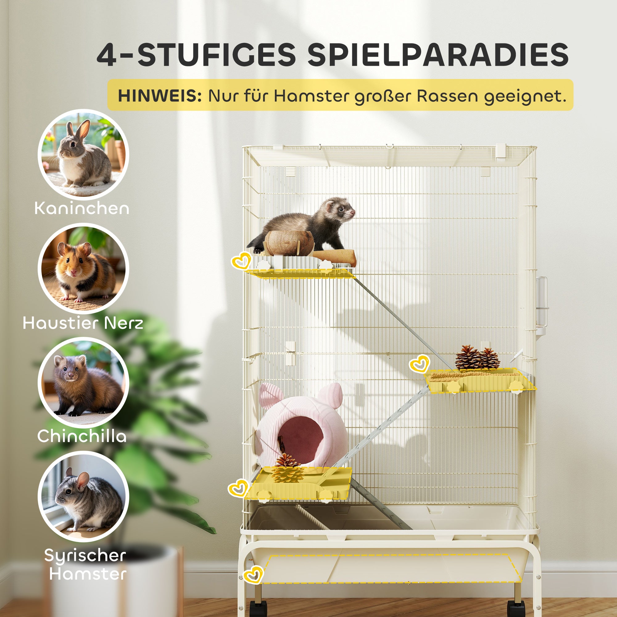 PawHut Kleintierkäfig, Haustierkäfig mit 4 Ebenen, Futterschale, Wasserflasche, 88 x 48 x 150,5 cm, Beige