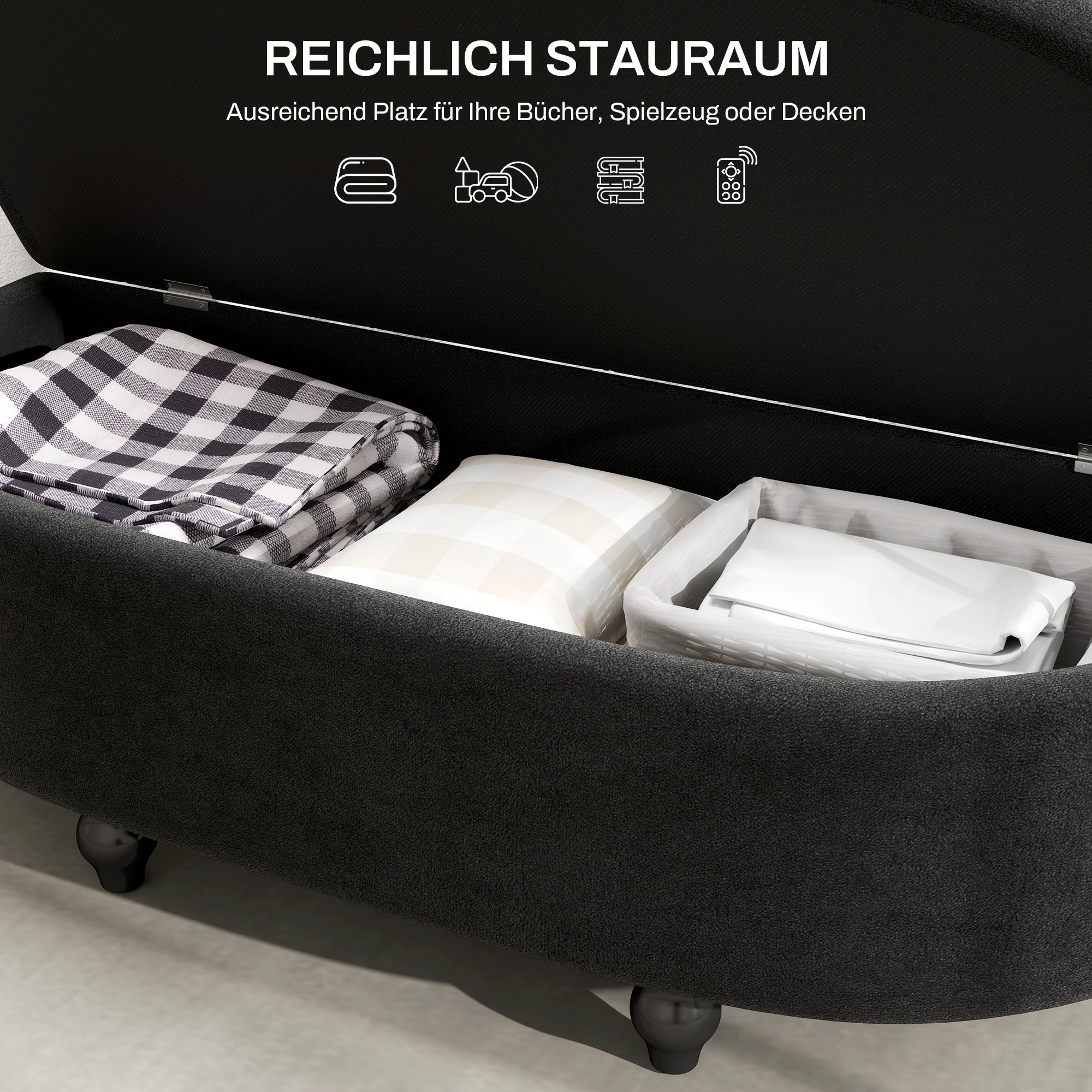 HOMCOM Hocker mit Stauraum, Sitztruhe, gepolstert, soft-close Deckel, Samtoptik, 120 x 46 x 42 cm, Dunkelgrau