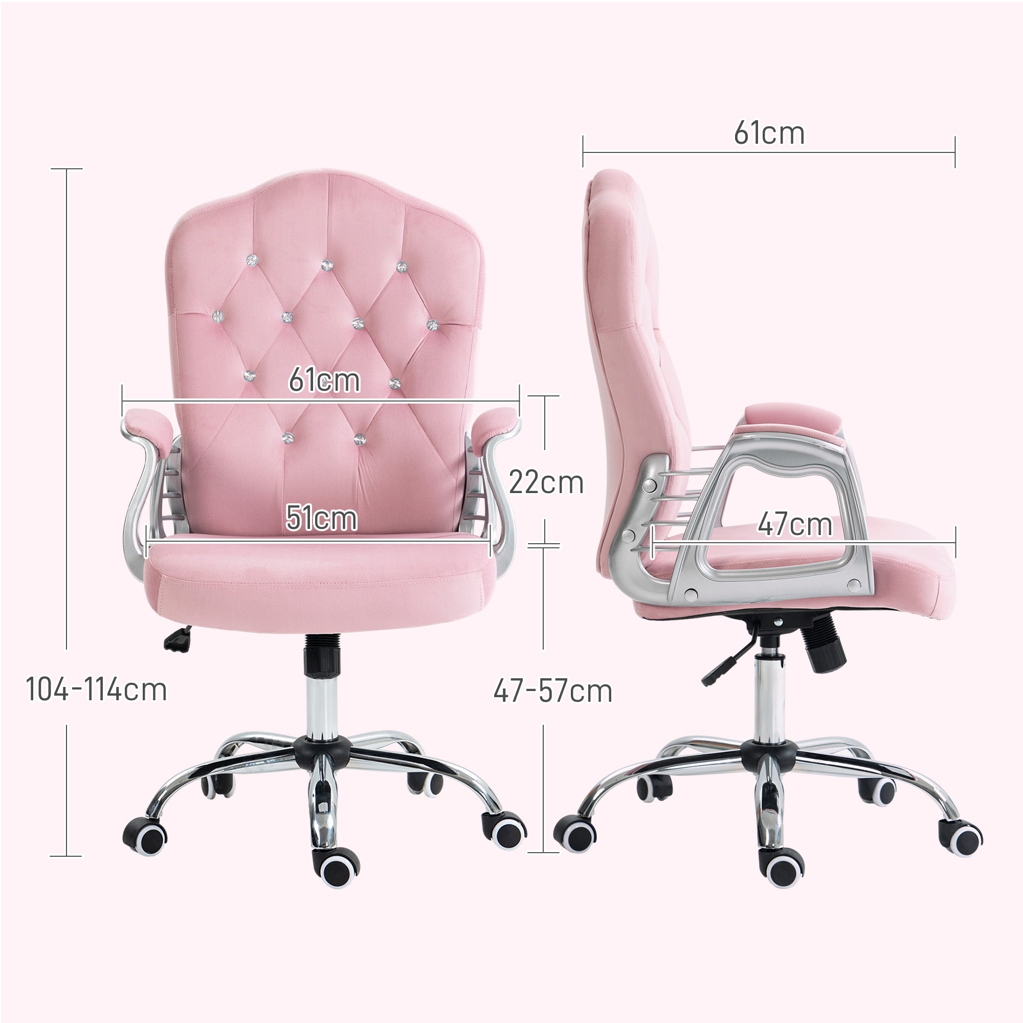 Vinsetto Bürostuhl, neigbare Lehne, höhenverstellbar, Samtoptik, bis 120 kg, Rosa