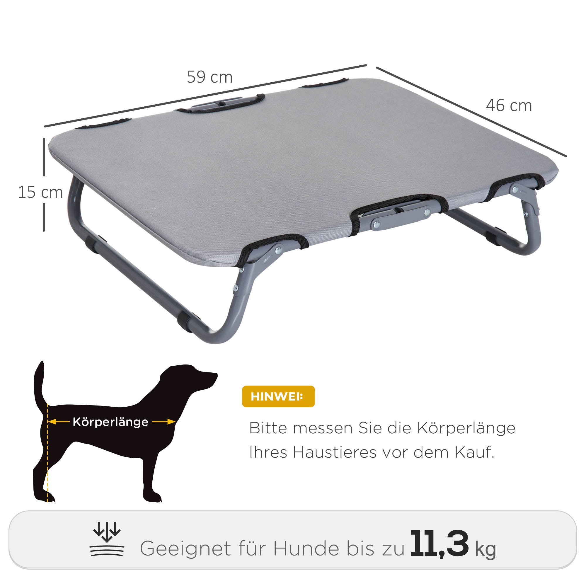 PawHut Hundeliege Outdoor, klappbar Erhöhtes Hundebett für kleine Hunde, Kühlendes Haustierliege mit Stahlrahmen, Haustierbett für Draußen Camping, 59 x 46 x 15 cm, Grau
