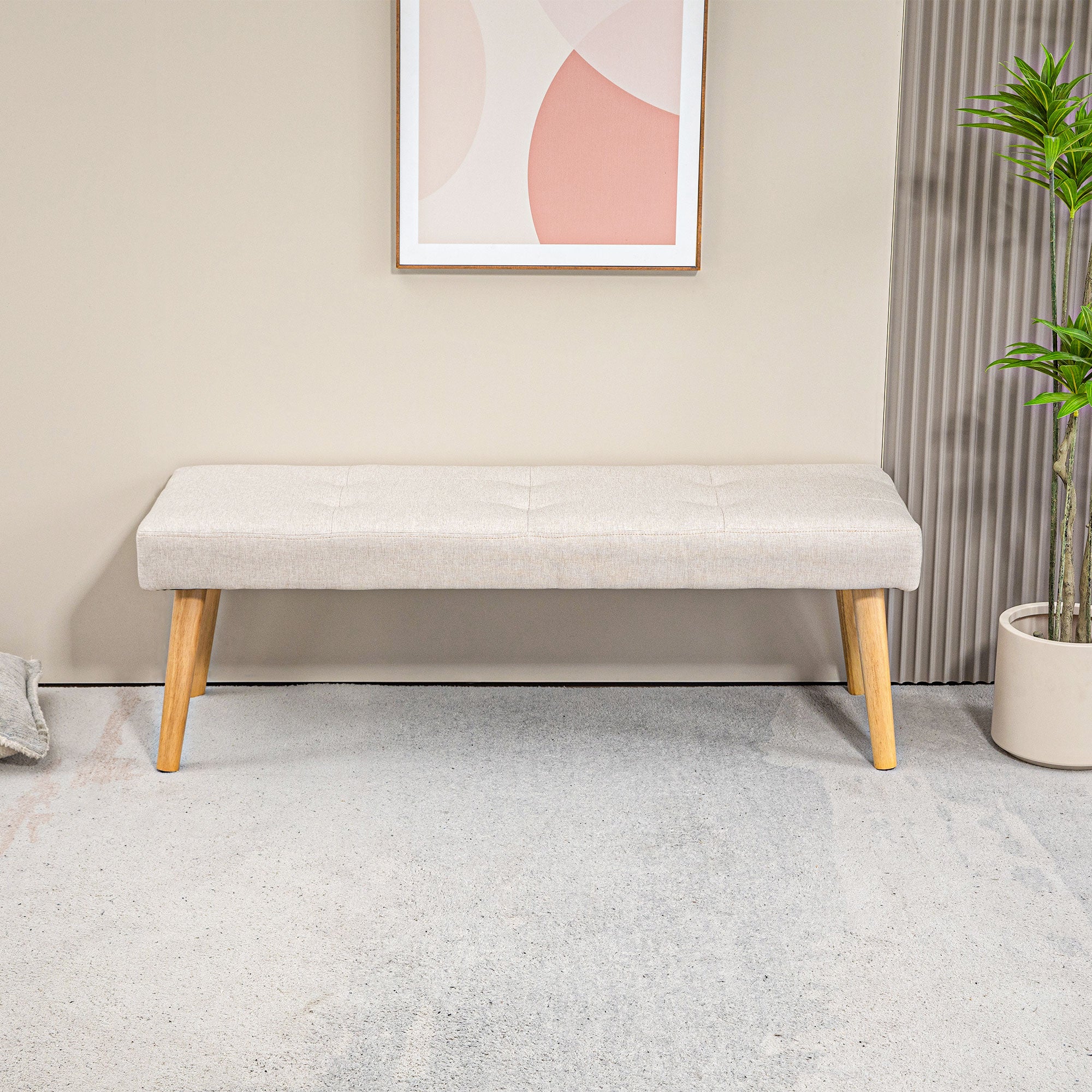 HOMCOM Bettbank, Sitzbank, weicher Bezug, Leinenoptik, bis 120 kg, Naturholzbeine, 120x41x43cm, Creme