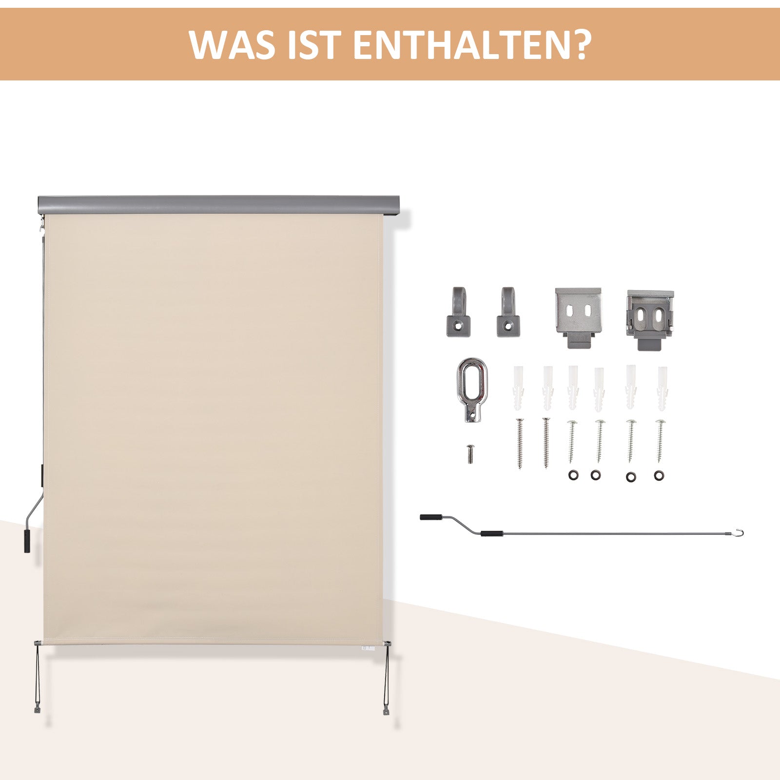 Outsunny Seitenmarkise, Balkonmarkise, wetterbeständig, Federrollenmechanismus, 200 cm x 140 cm, Cremeweiß