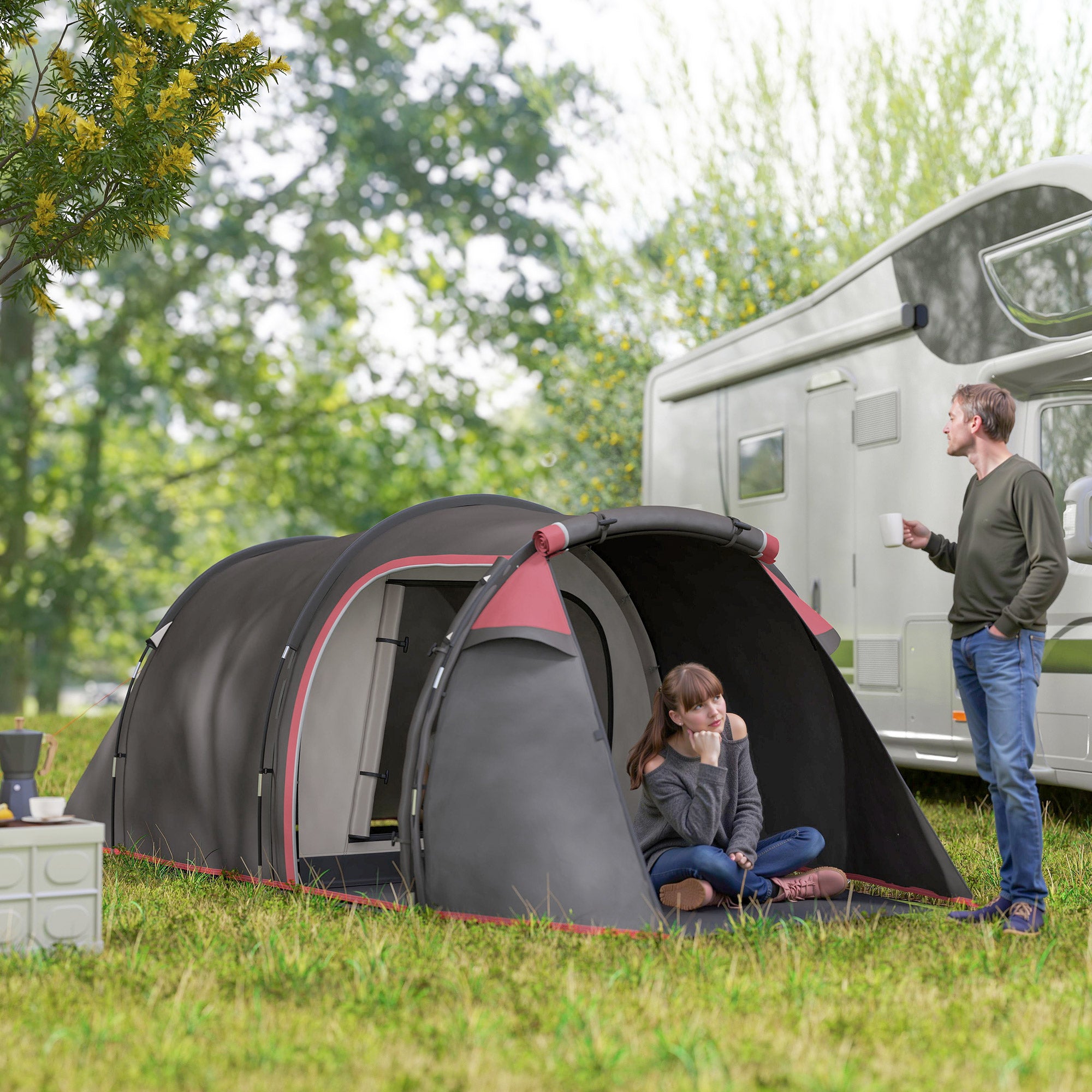 Outsunny Campingzelt, Wurfzelt für 2-3 Personen, Vorraum & Schlafbereich, wasserdicht, 426 x 206 x 154 cm, Grau