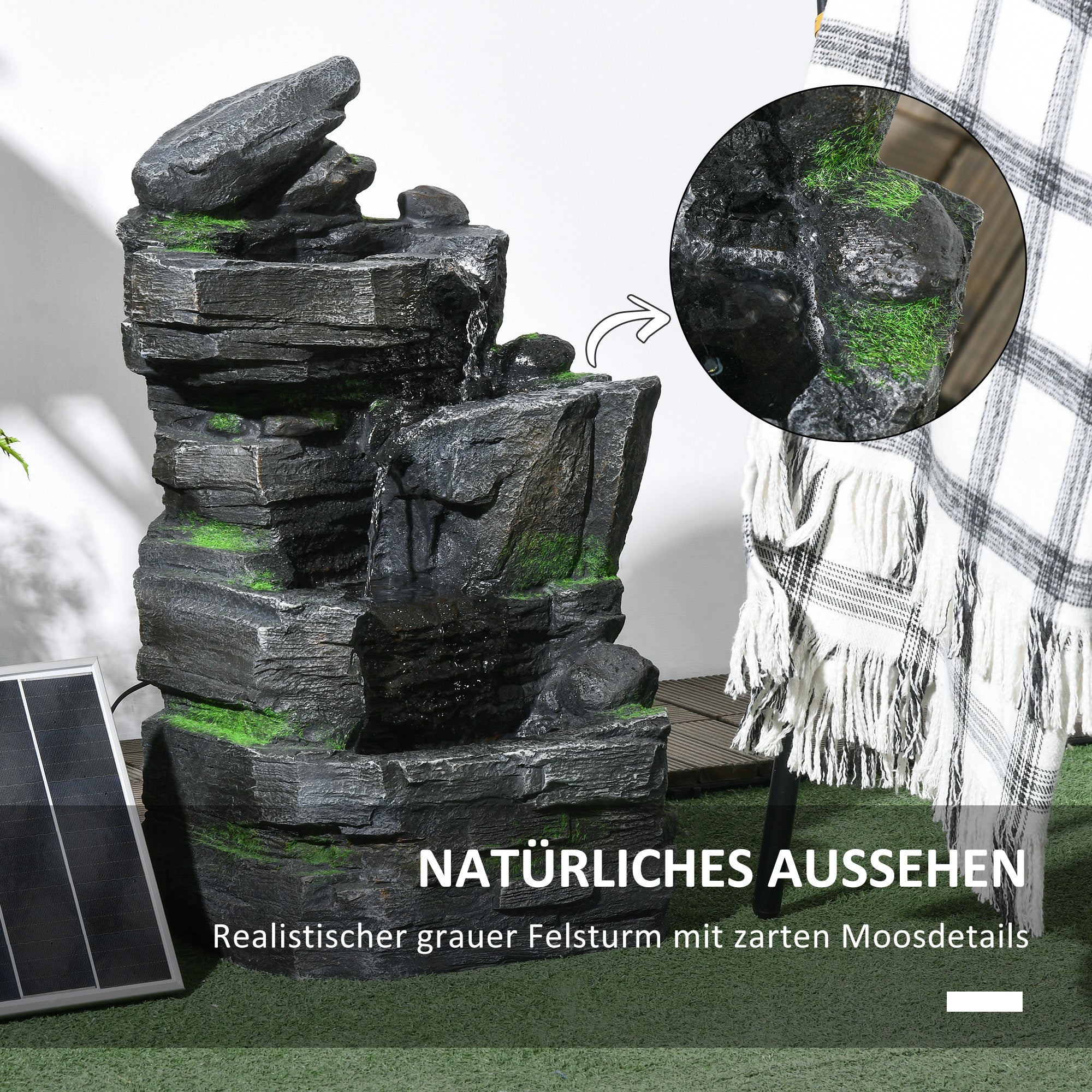 Outsunny Gartenbrunnen, Steinoptik, 4-stufig, Solarbetrieb, LEDs, 57cm Höhe, Kunstharz, Grau/Braun