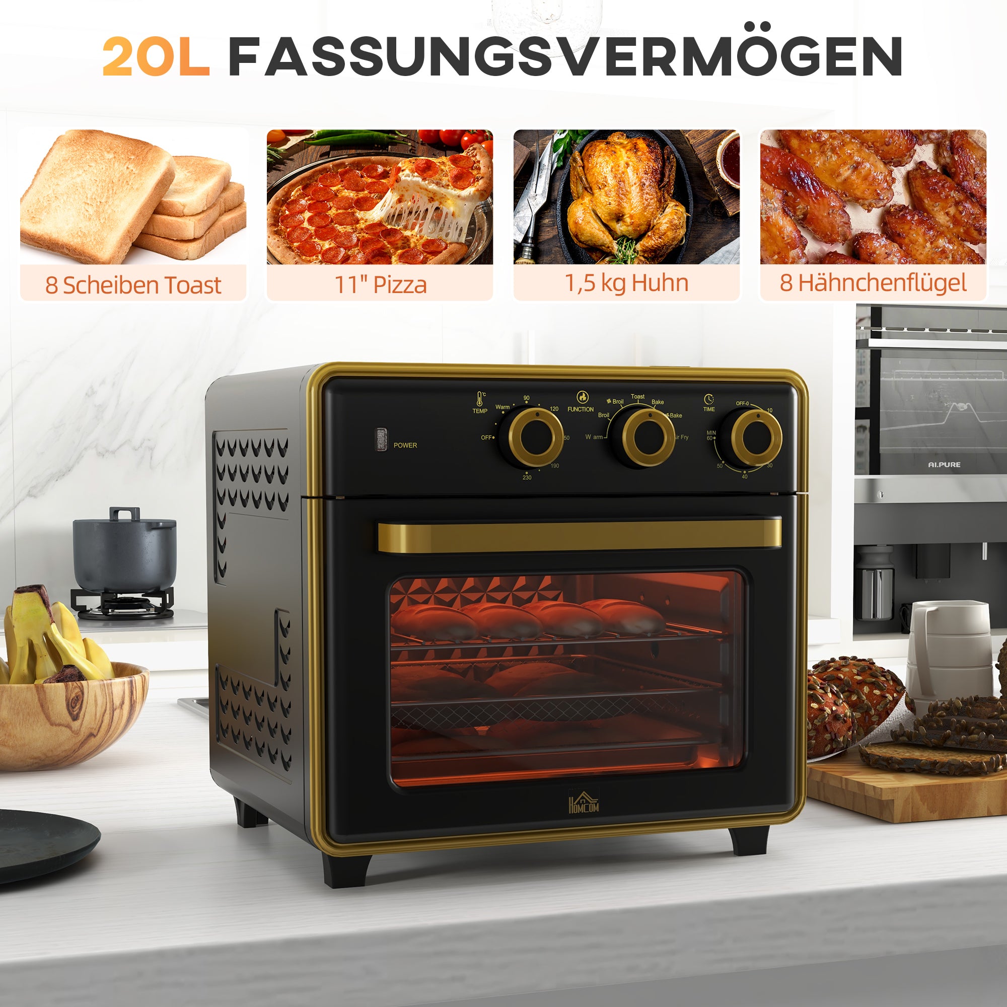 HOMCOM Mini-Backofen, 20 Liter, ölfreies Frittieren, Grillen, Backen, Umluft, 90-230° C, Timer, 1400W, schwarz+gold