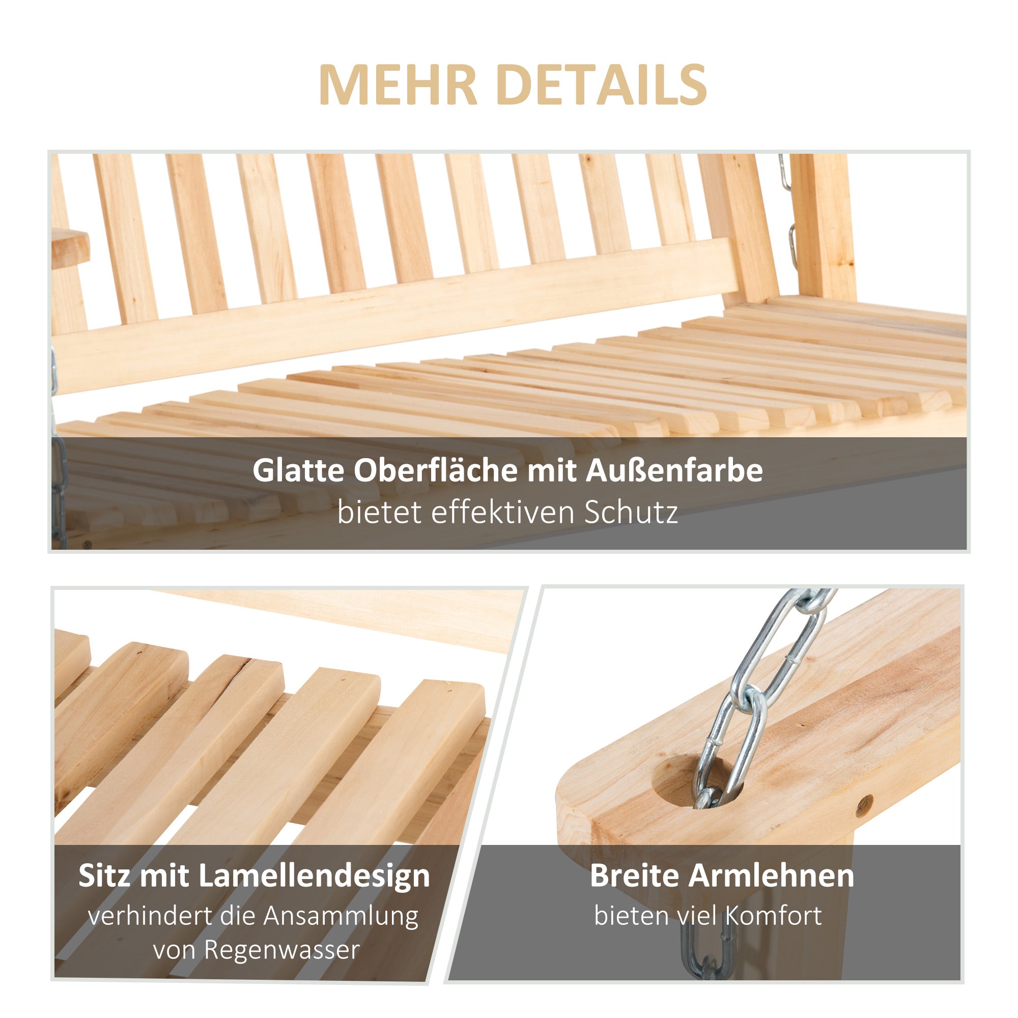 Outsunny Gartenschaukel für 2 Personen Schaukelbank Hängebank Massivholz Patio Terrasse Hinterhof Natur 117 x 69 x 60 cm