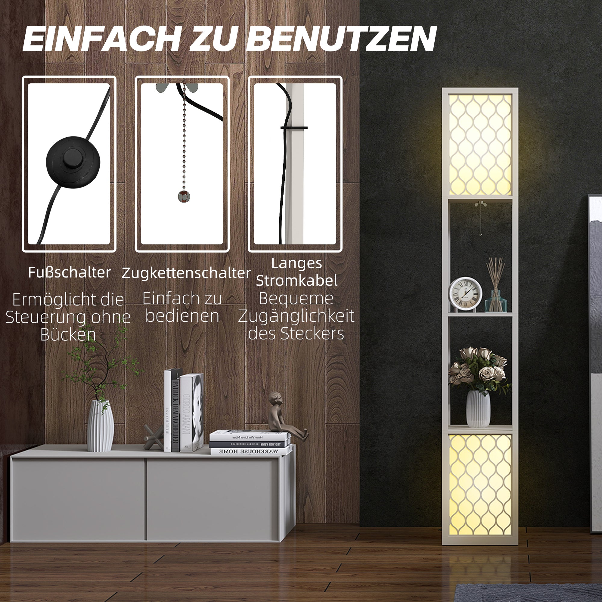 HOMCOM Stehleuchte im modernen Design, 2 Ablagen, Ziehkettenschalter, 26 cm x 26 cm x 156 cm, Schwarz + Weiß