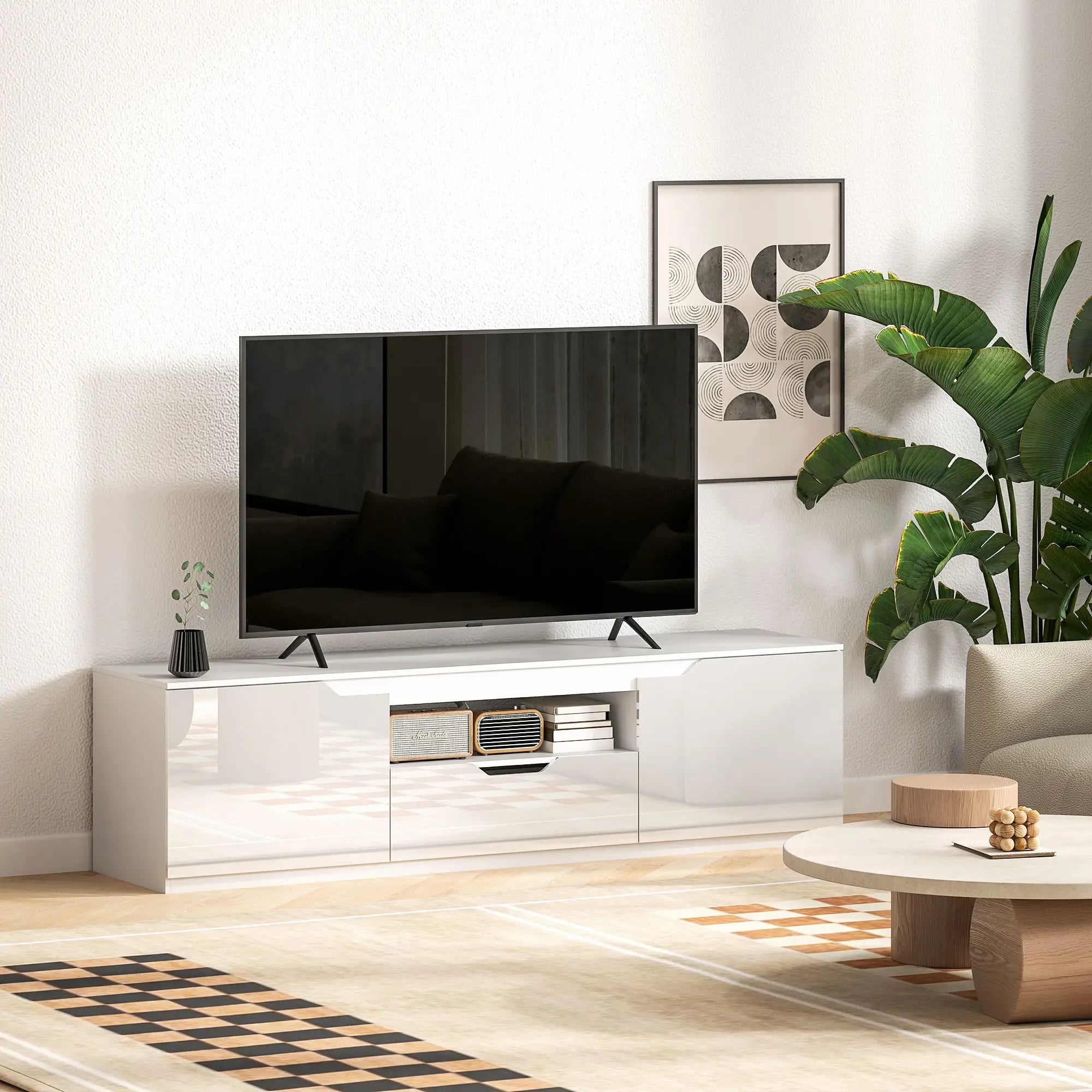 HOMCOM TV-Lowboard, Hochglanz, für Fernseher bis 65'', 3 Fächer, Schublade, 160 x 38 x 43 cm, Weiß