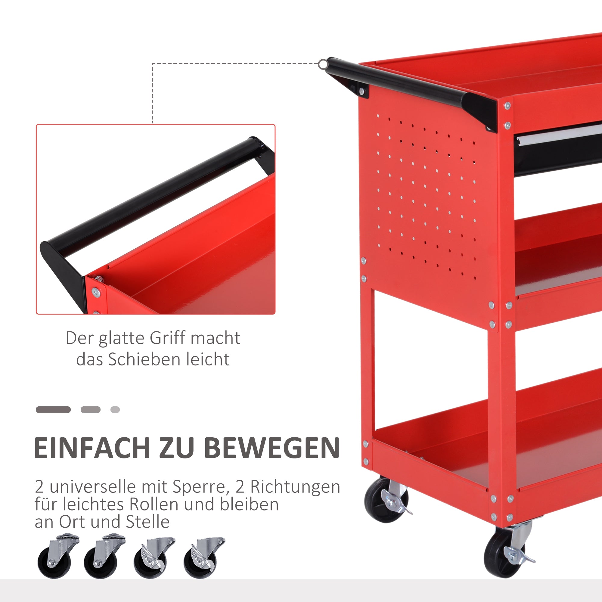 HOMCOM Werkzeugkoffer Werkzeugtrolley Werkzeugbox, 3 Ebenen, 4 Rollen, 82 cm x 35 cm x 76 cm, Rot