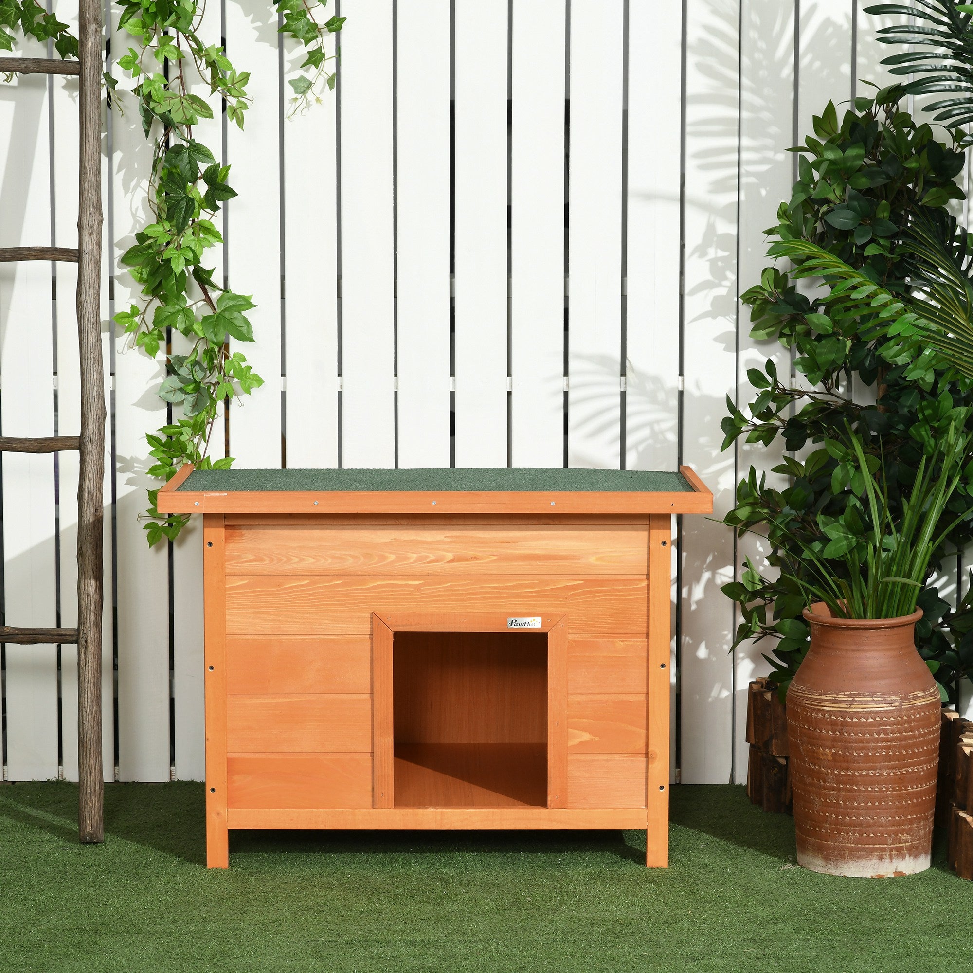 PawHut Hundehütte Outdoor, Hundehaus aus Holz mit Aufklappbares Asphaltdach, Wasserdichte Hundehöhle mit Erhöhter Boden Hütte für kleine Hunde, Gelb, 82 x 58 x 58 cm
