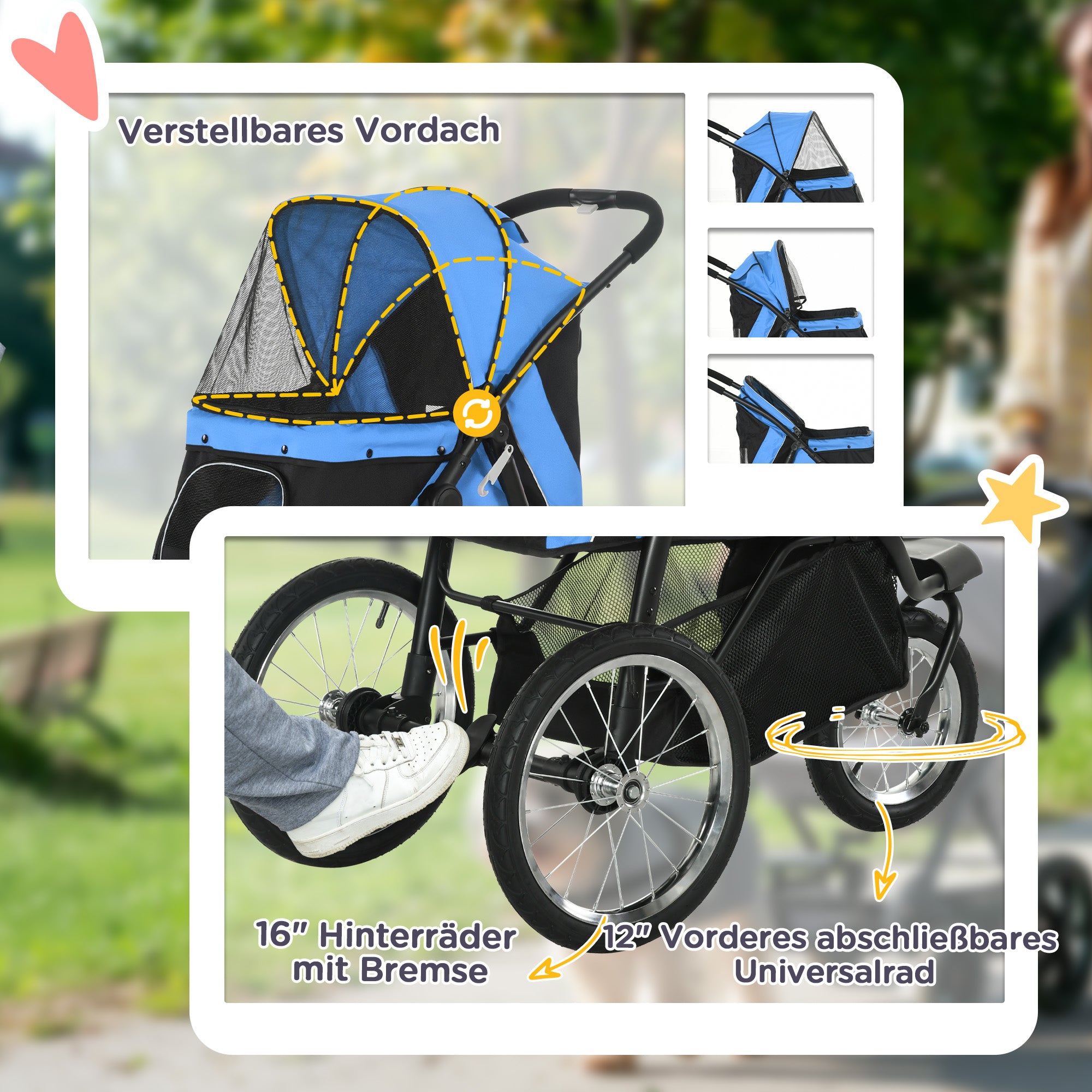 PawHut Hundewagen Hundetrolley mit Jogger-Funktion bis 20 kg Klappbar Netzfenster, Ablagekorb, Blau, 111 x 58 x 107 cm