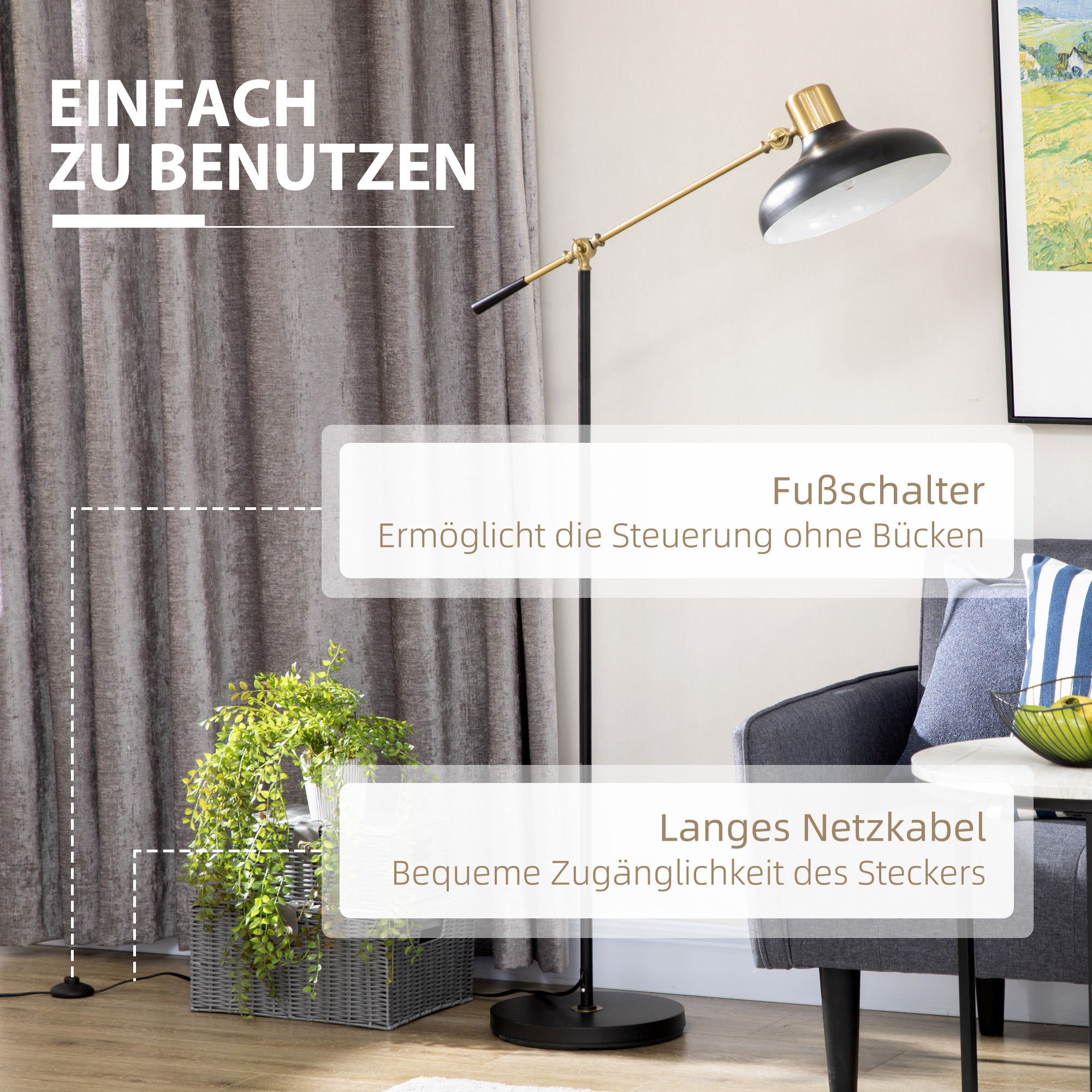 HOMCOM Stehlampe im Industriedesign, Stehlampe, Emaille, flexibles Gestell, Fußschalter, Schwarz + Gold