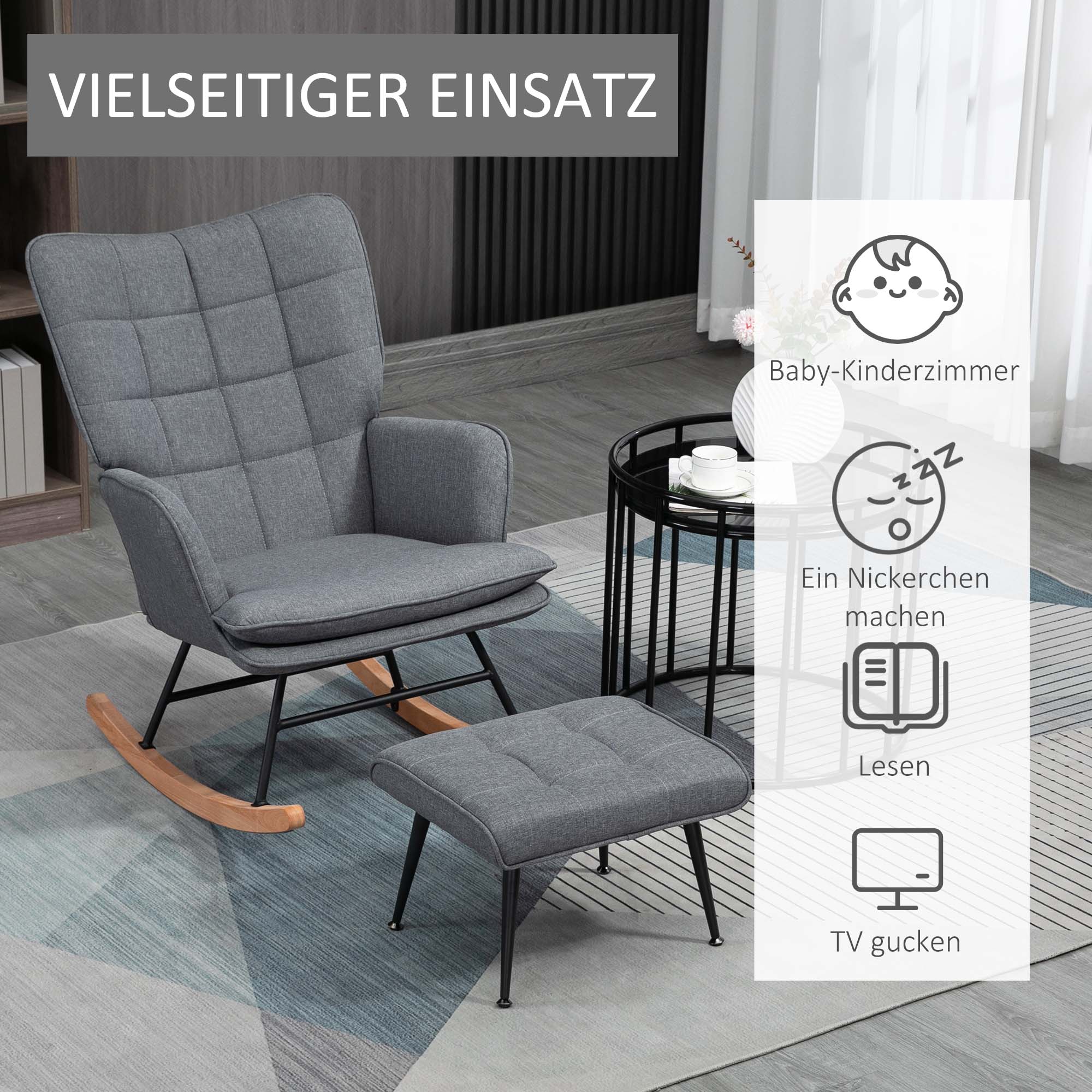 HOMCOM Schaukelstuhl mit Hocker, komfortabel, bis 130 kg, Leinenoptik, 64x89x90cm, Grau