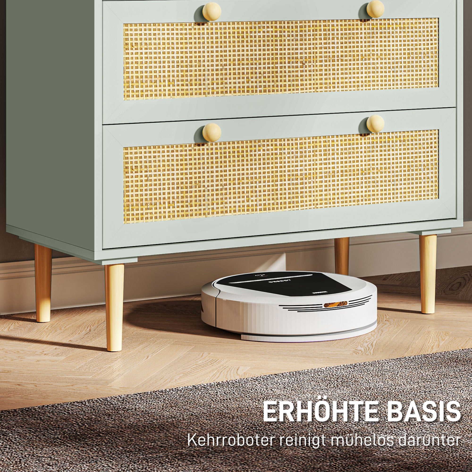 HOMCOM Schlafzimmer-Kommode mit 3 Schubladen, Rattan-Fronten, Kleiderkommode für Flur, Eingangsbereich, MDF, Grün