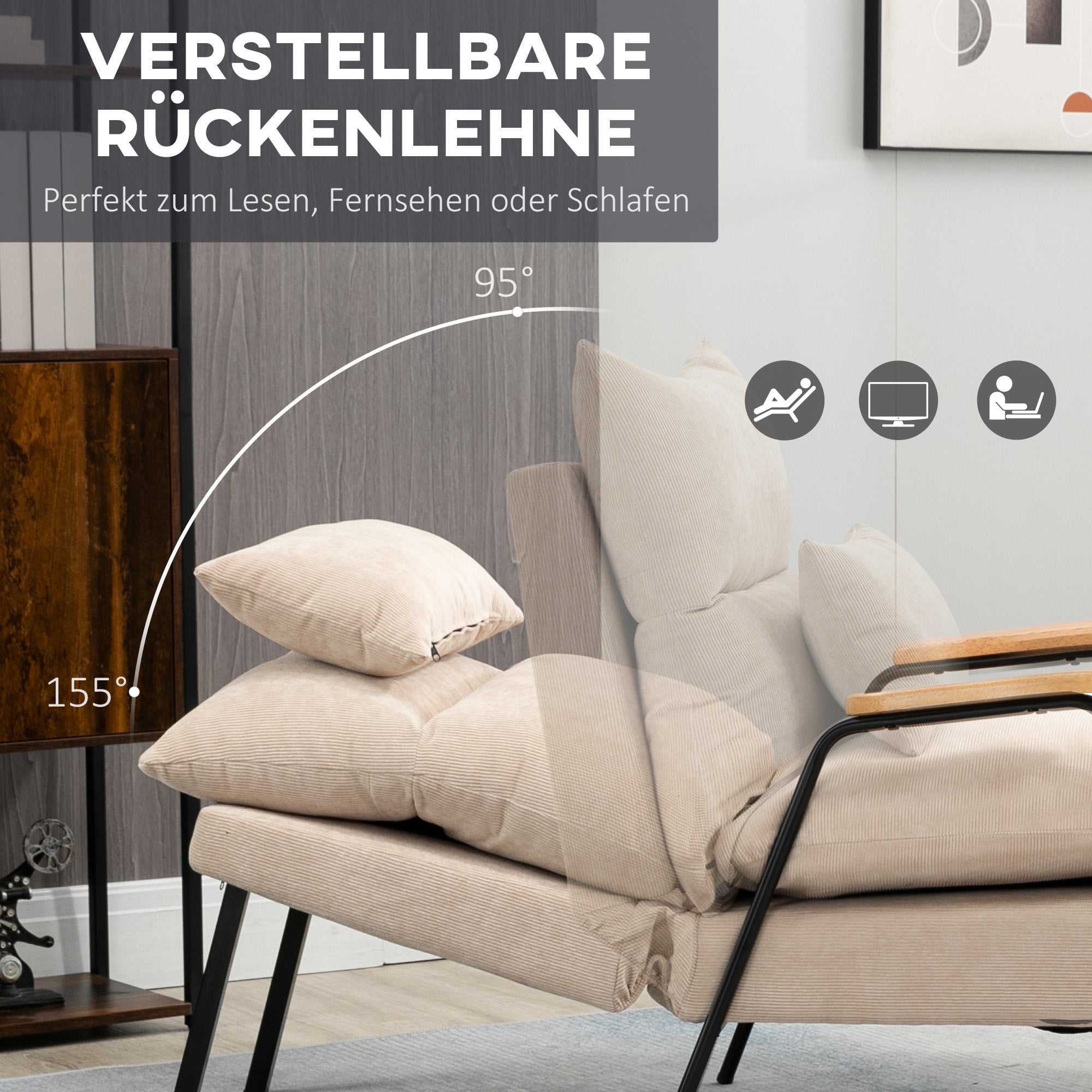 HOMCOM Polstersessel mit Hocker, Relaxsessel mit Liegefunktion, Polsterstuhl, Kissen, Fernsehsessel, 68 x 91,5 x 88 cm, Beige