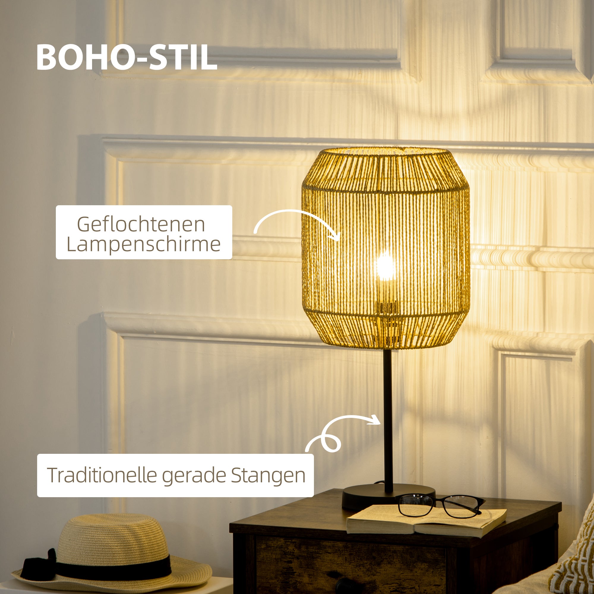 HOMCOM 2-teiliges Leuchten-Set. 1 Stehleuchte, 1 Tischleuchte, 38 cm x 38 cm x 158 cm, Natur + Schwarz