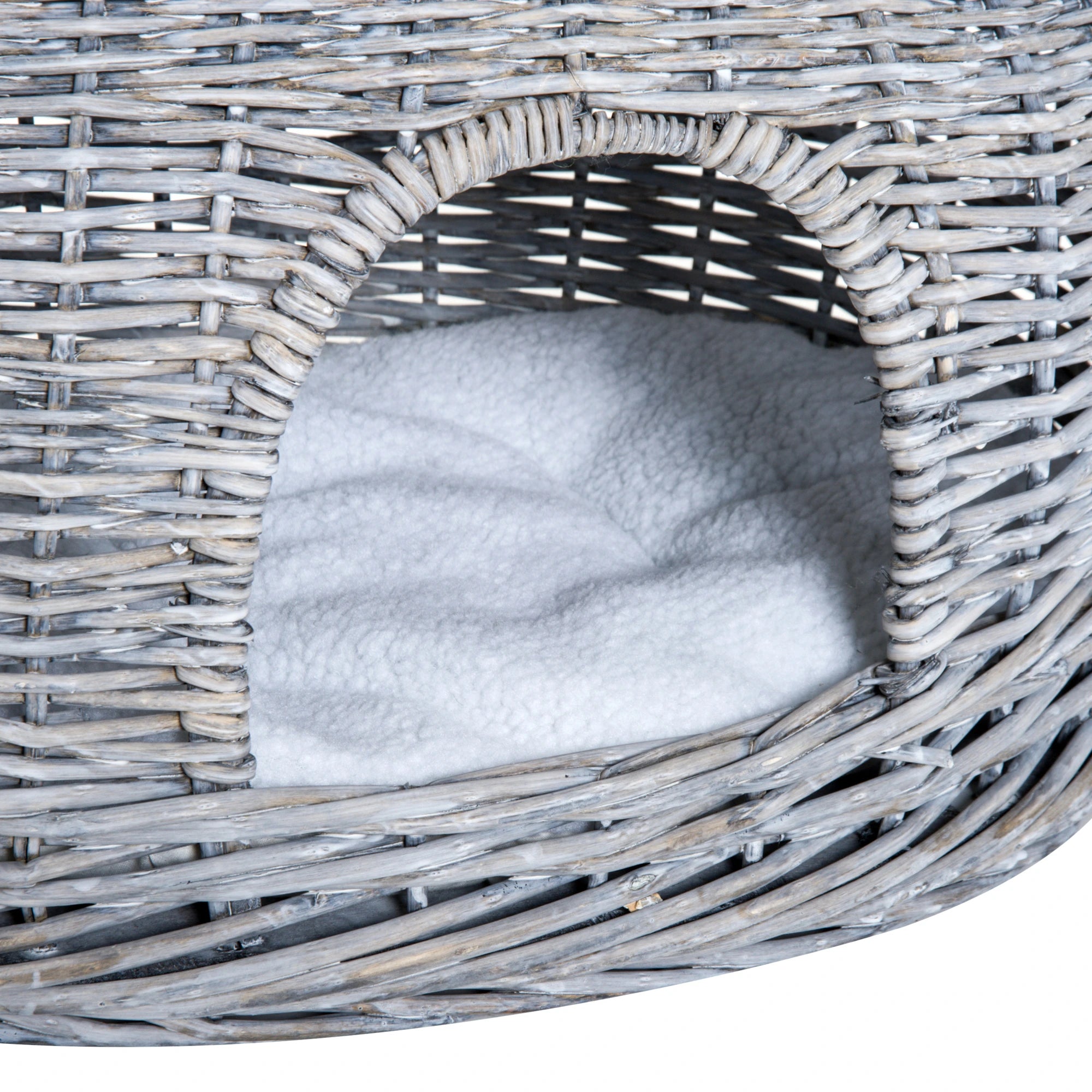 PawHut Rattan Weidenkorb für Katzen Katzenhütte mit 2 weichen Liegekissen Katzenkorb Haustierbett aus Wasserhyazinthe für Wohnzimmer Grau 56 x 37 x 40 cm