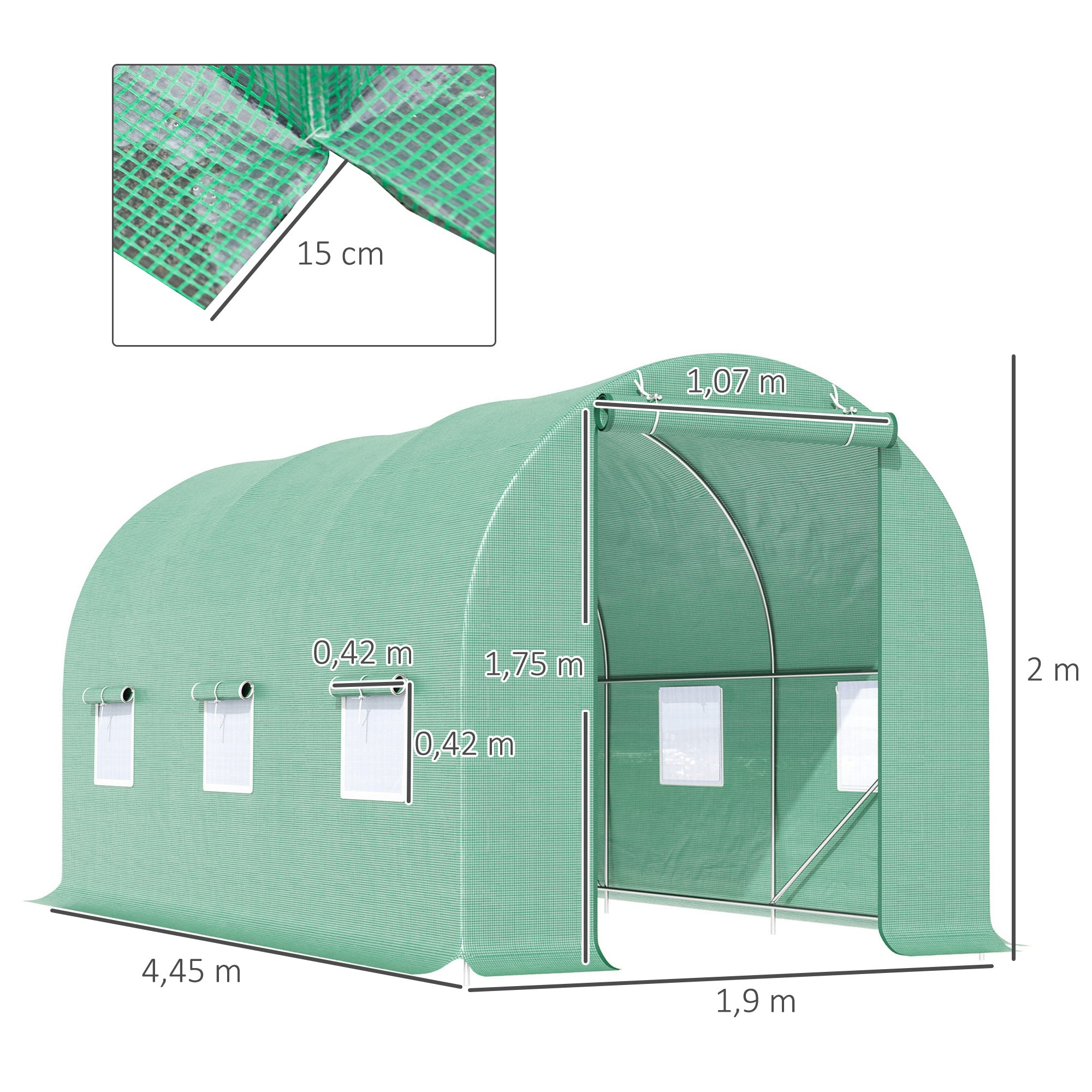 Outsunny Gewächshaus 445x190x200cm Foliengewächshaus Tomatenhaus Tür mit Moskitonetz, Fenster, Folientunnel aus verzinktem Stahl, stabiles Pflanztunnel, Treibhaus inkl. Erdanker Seilen, Grün