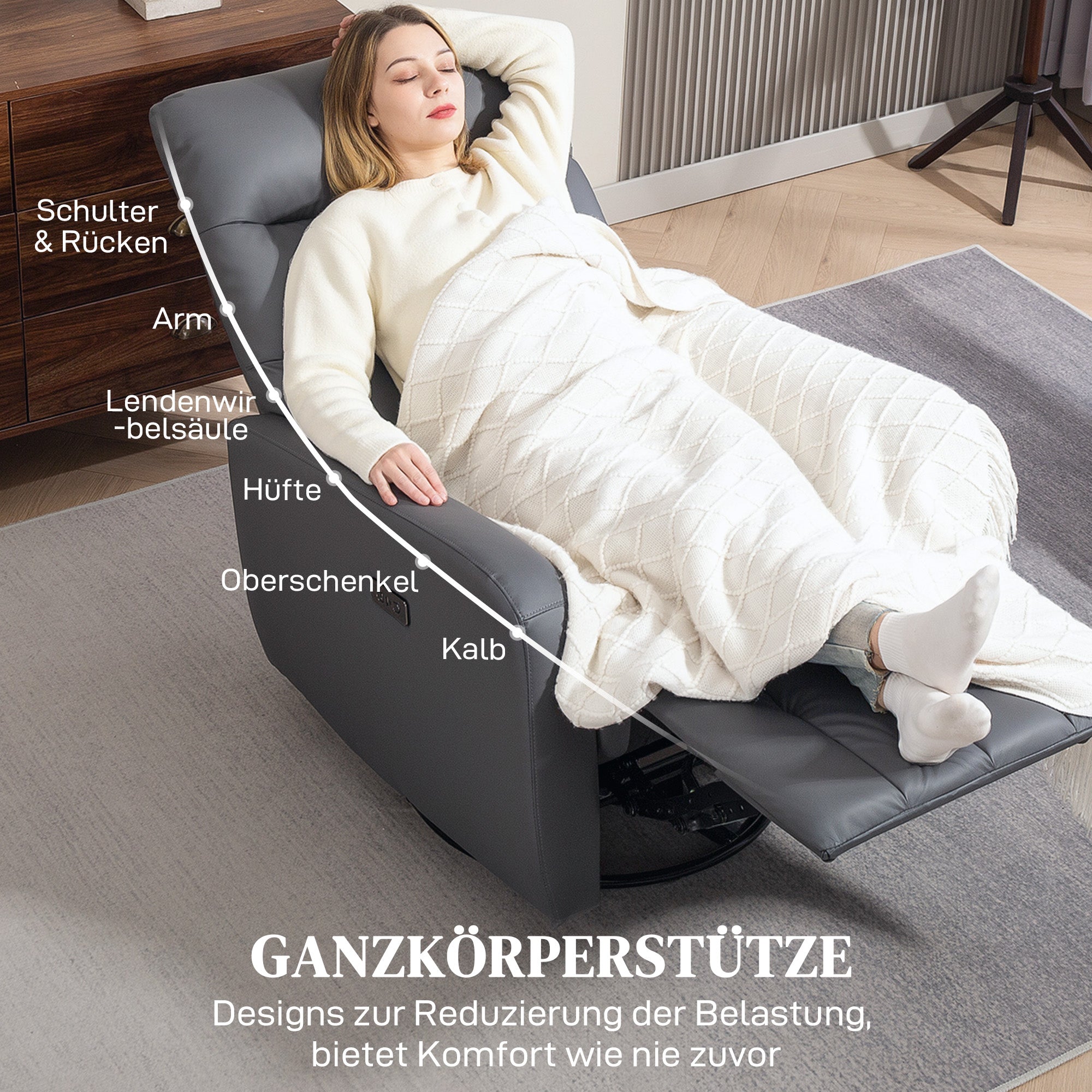 HOMCOM Relaxsessel, Polstersessel mit Liegefunktion, Fernbedienung, USB-Anschluss, Grau