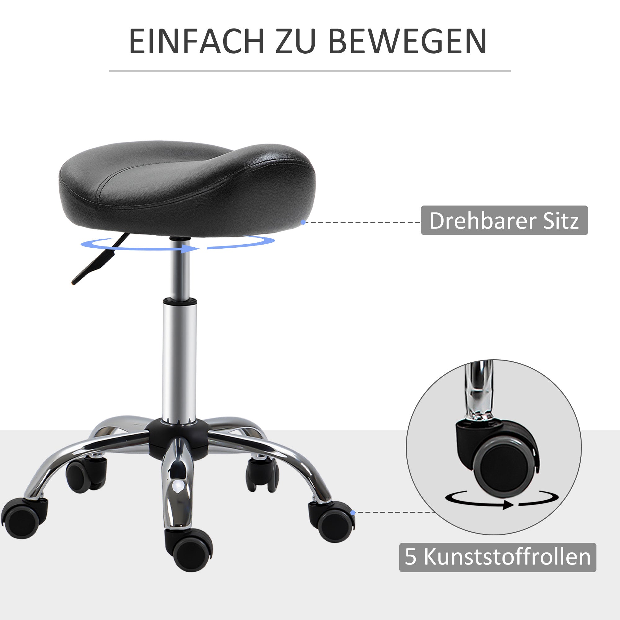 HOMCOM Salonhocker mit Sattelsitz, höhenverstellbar, Kunstleder, 48x48x54-69cm, Schwarz
