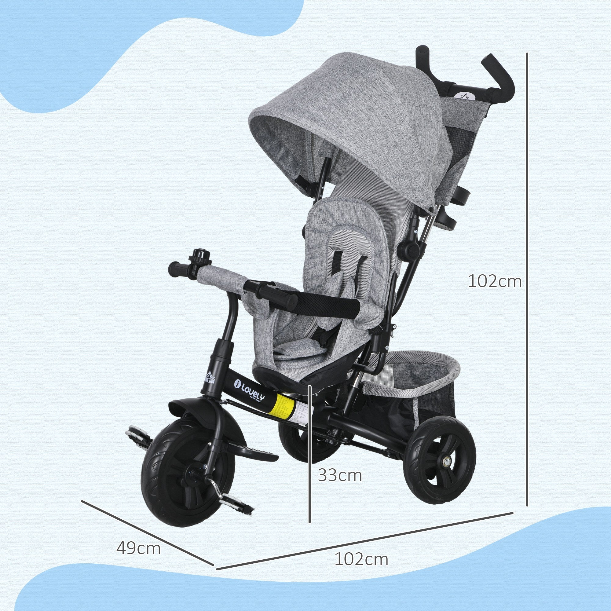 HOMCOM Kinder-Dreirad, Kinderfahrrad, Rückenkorb, Becherhalter, Sonnendach, Metall, Grau