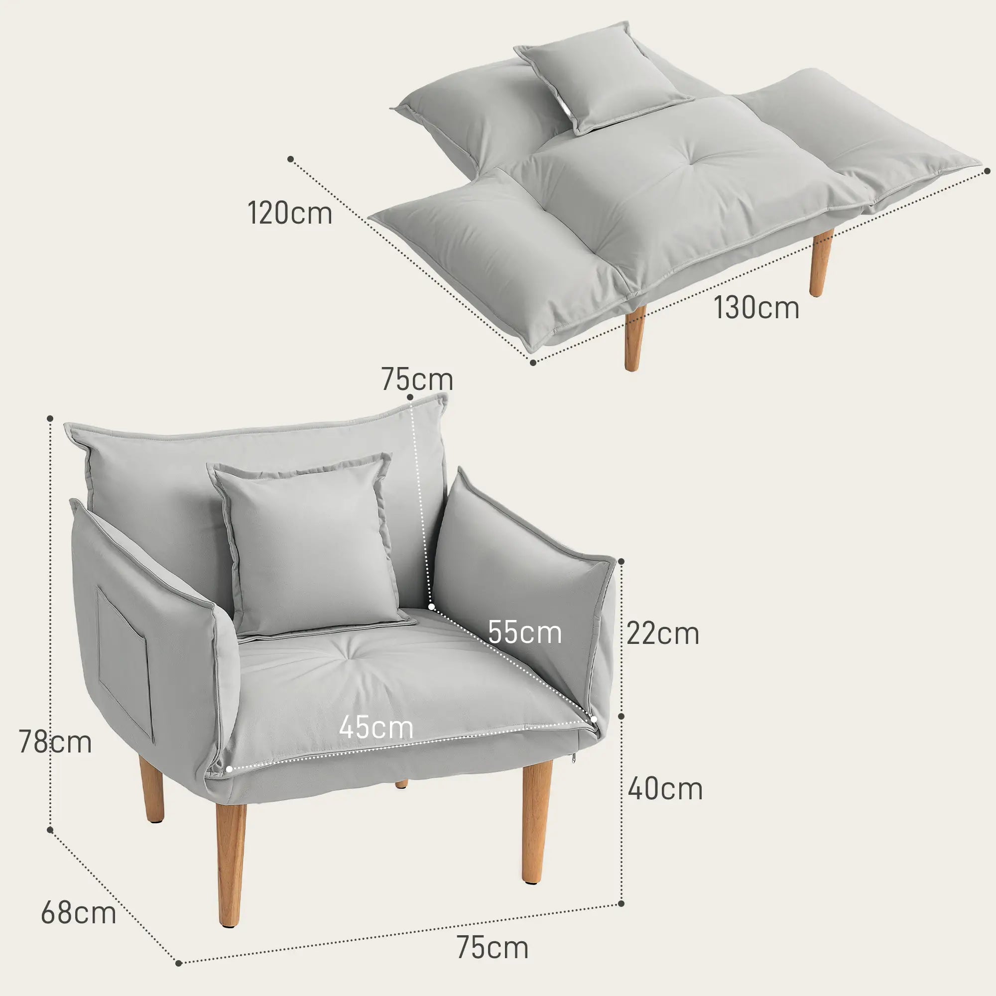 HOMCOM 2-in-1 Verstellbarer Loungesessel, Bodensessel mit Kissen, Polstersessel, für Wohnzimmer, Schlafzimmer, Hellgrau
