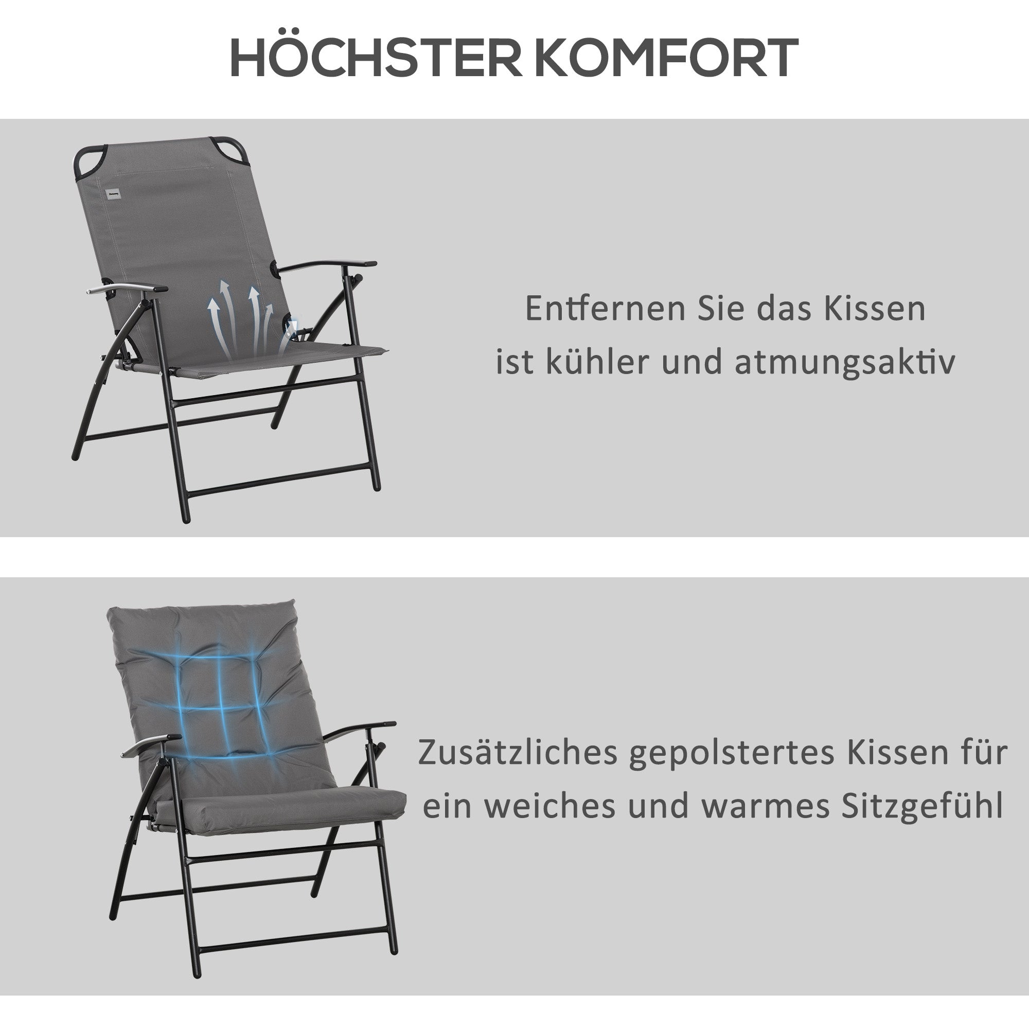 Outsunny Campingstuhl, Klappstuhl, Sitz- und Rückenkissen, verstellbar, Grau