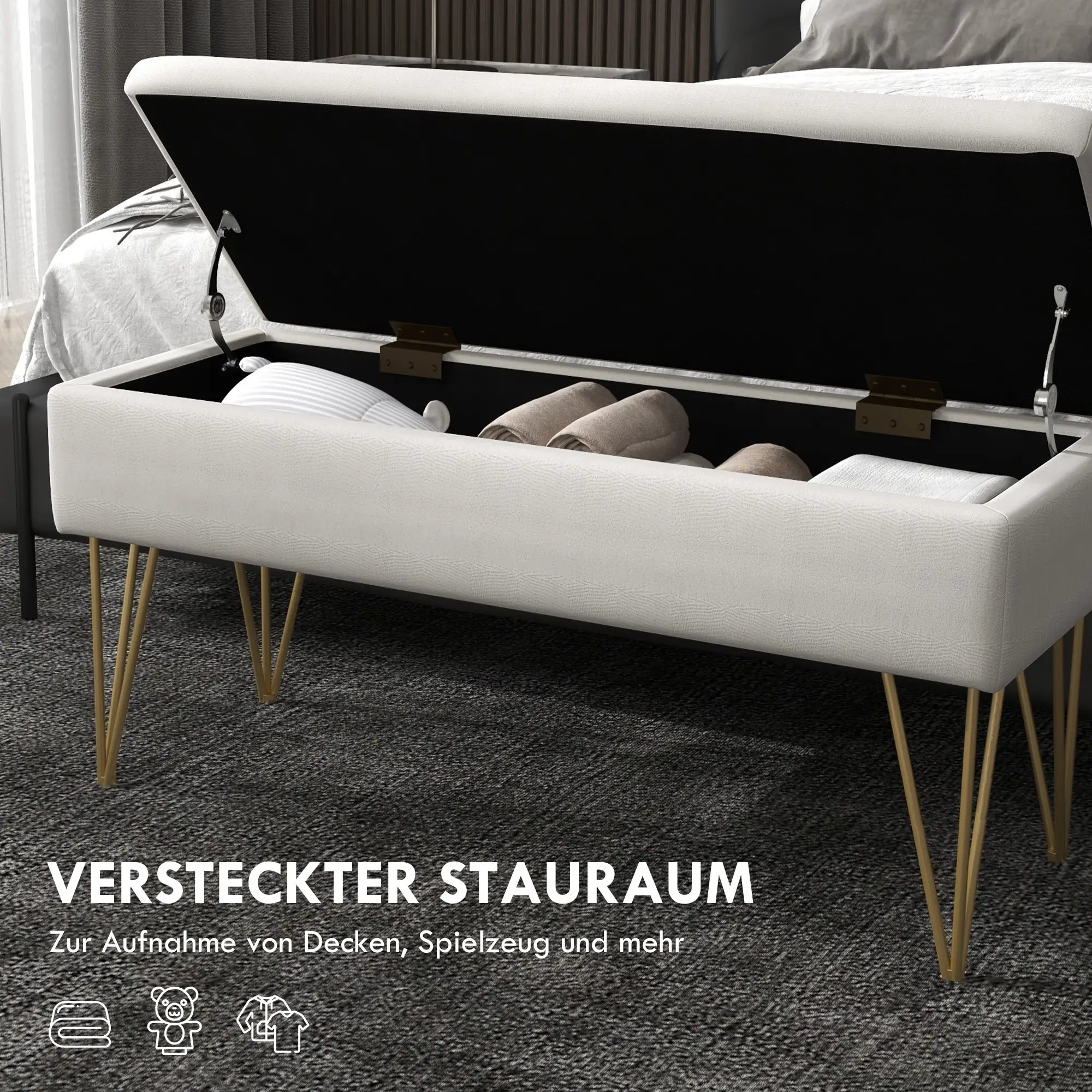 HOMCOM Bettbank mit Stauraum, dicke Polsterung, atmungsaktiver Stoff, Stahlfüße, 100x40x49 cm, Creme