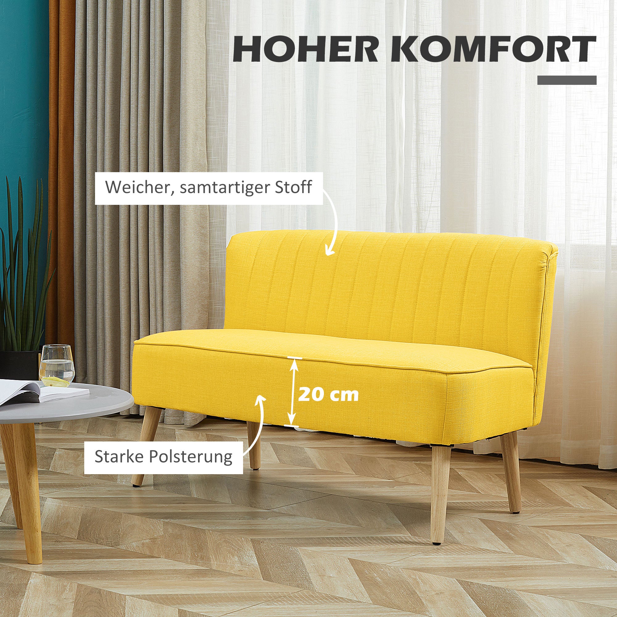 HOMCOM 2-Sitzer Sofa, weiche Polsterung, pflegeleichter Bezug, bis 150 kg, 117 x 56,5 x 77 cm, Gelb