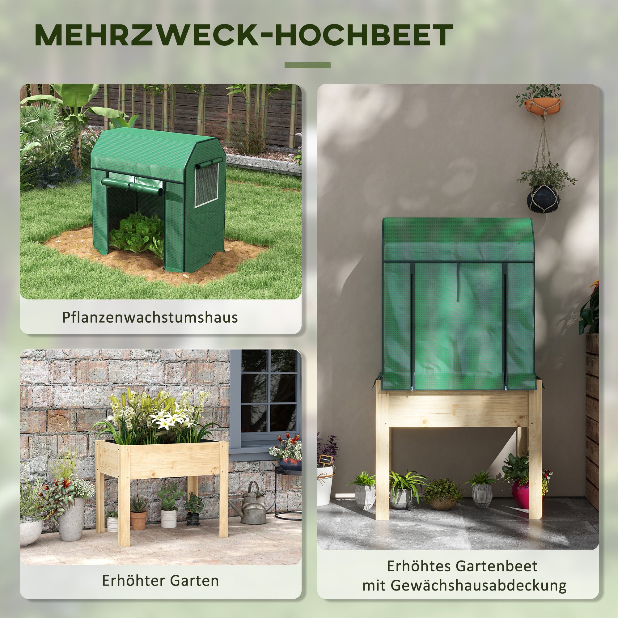 Outsunny 2-in-1 Hochbeet Pflanzenkasten Frühbeet Gewächshaus, 86  cm x 60cm x 165 cm, Natur + Grün
