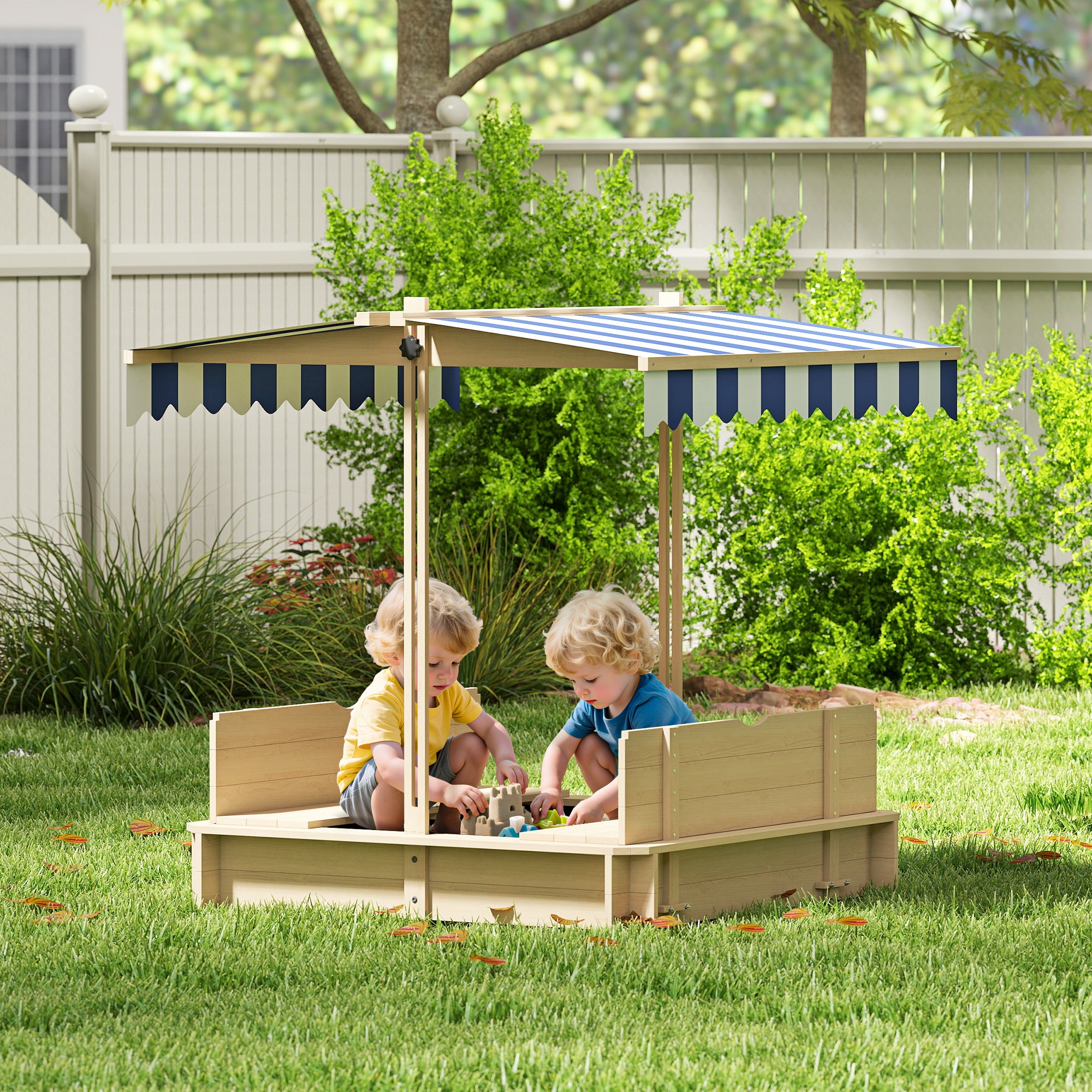 Outsunny Sandkasten Sandkiste aus Holz für Garten Sandkasten mit Dach Felix Kindersandkasten mit Dach abnehmbar Rücklehnen verstellbar Tannenholz 3-7 Jahren 106 x 106 x 115 cm Natur