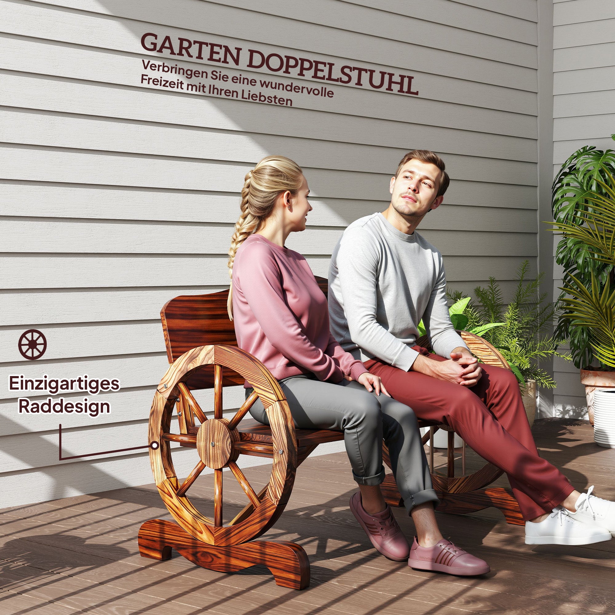 Outsunny 2-Sitzer Gartenbank mit Rad-Armlehnen, Rustikale Outdoor-Bank für Terrasse, Veranda, Fichtenholz, Braun