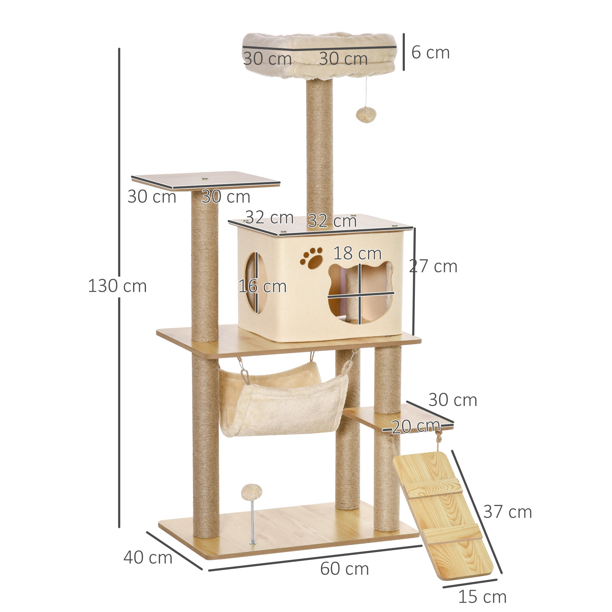 PawHut Kratzbaum Katzenbaum für Katzen Kletterbaum aus Holz mit Katzenhöhle Jutestämmen großer Plattform Spielbälle 130 cm Höhe stabil Plüsch Gelb 60 x 40 x 130 cm