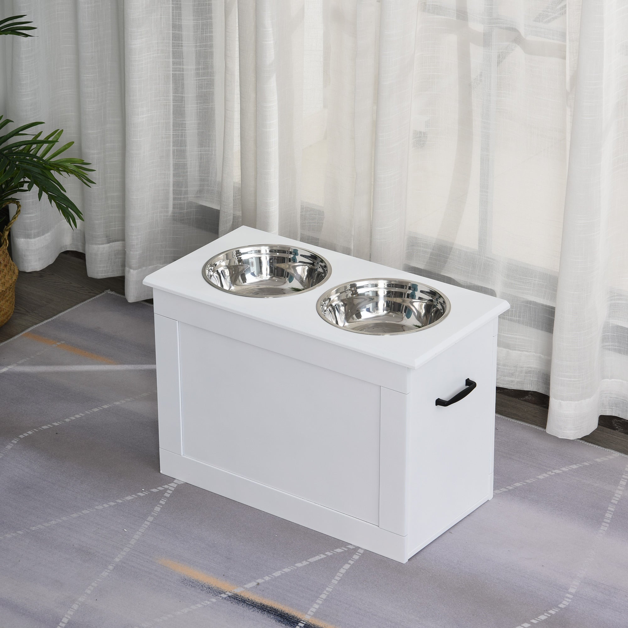 PawHut Erhöhter Hundenapf Futternapf mit Staumraum Wassernapf 2 x 2000ml Edelstahlnäpfen Hundenäpfe Fressnapf Futterstation für Hunde Katzen Weiß