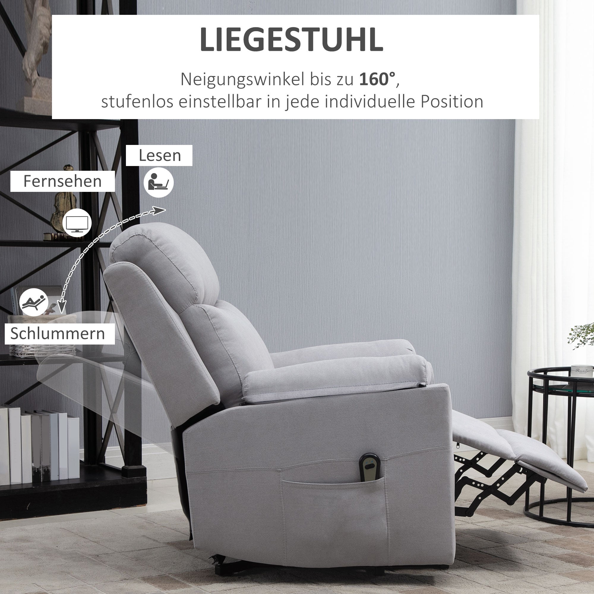 HOMCOM elektrischer Aufstehsessel Sessel mit Aufstehhilfe für Senior Relaxsessel TV Sessel mit schlaffunktion und aufstehhilfe Fernsehsessel Liegefunktion Leinen-Touch Hellgrau 83 x 89 x 102 cm